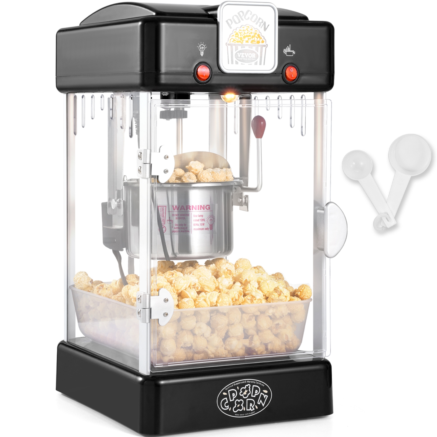VEVOR 300W Popcorn Maker, Popcorn Popper Machine, 2.5 Oz Kettle Makes 4 QT per Batch, Tabletop Popcorn Maker with PP Door, Includes 2 Scoops and