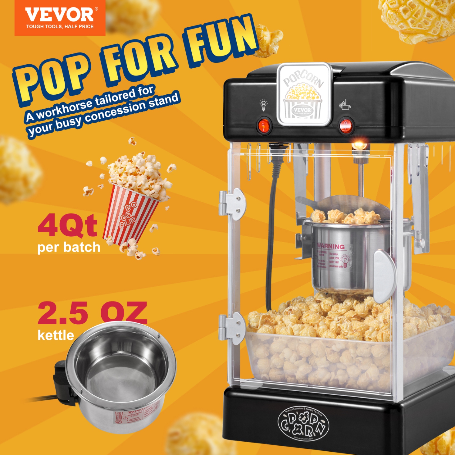 VEVOR 300W Popcorn Maker, Popcorn Popper Machine, 2.5 Oz Kettle Makes 4 QT per Batch, Tabletop Popcorn Maker with PP Door, Includes 2 Scoops and