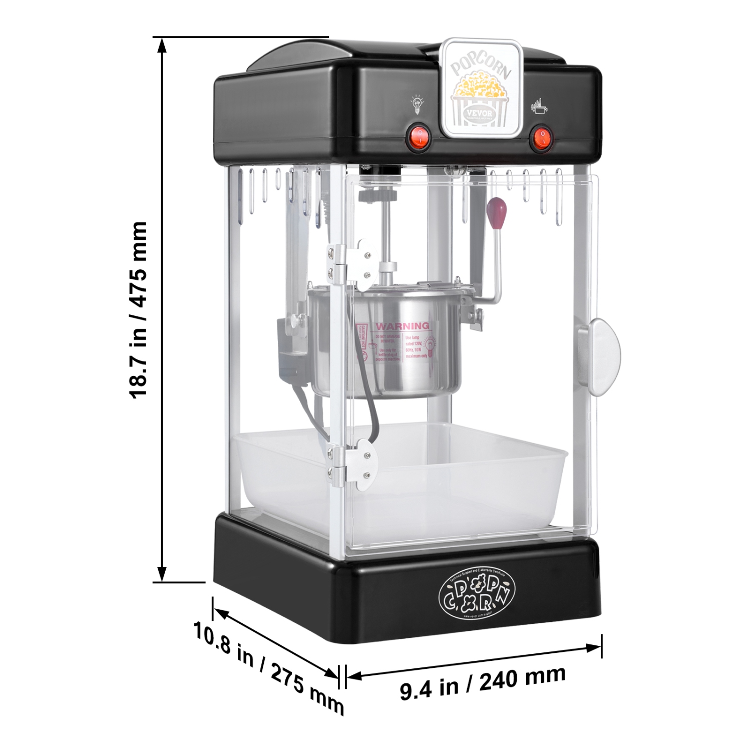 VEVOR 300W Popcorn Maker, Popcorn Popper Machine, 2.5 Oz Kettle Makes 4 QT per Batch, Tabletop Popcorn Maker with PP Door, Includes 2 Scoops and