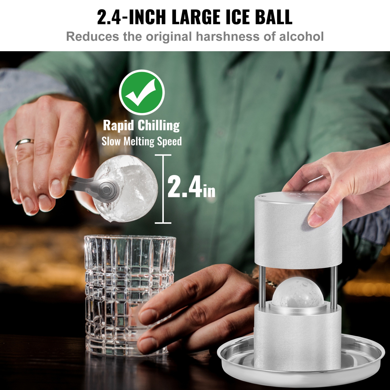VEVOR Ice Ball Press Kit, Aircraft Al Alloy Ice Press with Ice Block Mold, Large Mat, Tong, Drip Tray, One Glass, Round Ice Ball Maker 2.4"/60 mm Ice