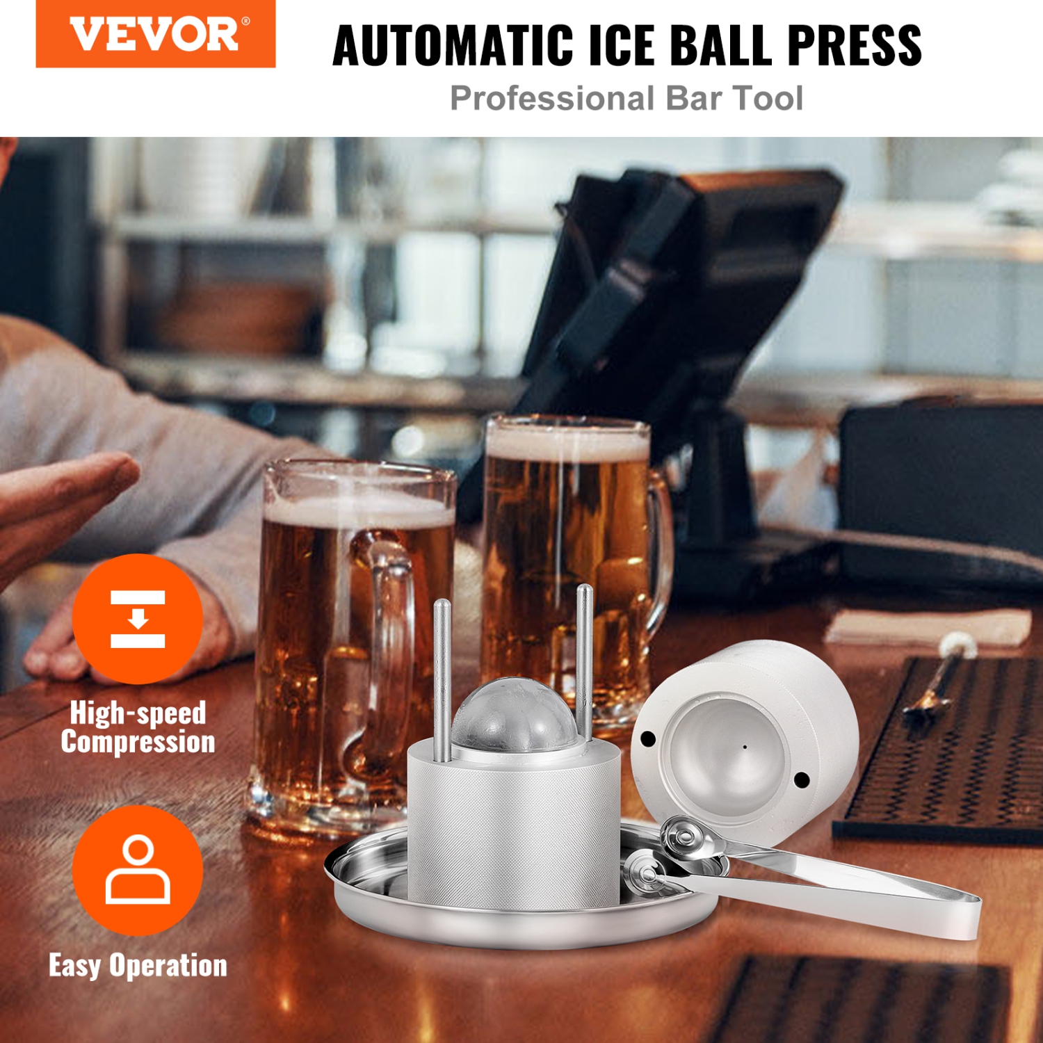 VEVOR 2.4" Ice Ball Press, Ice Ball Maker, Aircraft Al Alloy Ice Ball Press Kit for 60mm Ice Sphere, Ice Press with Tong and Drip Tray, for Whiskey,