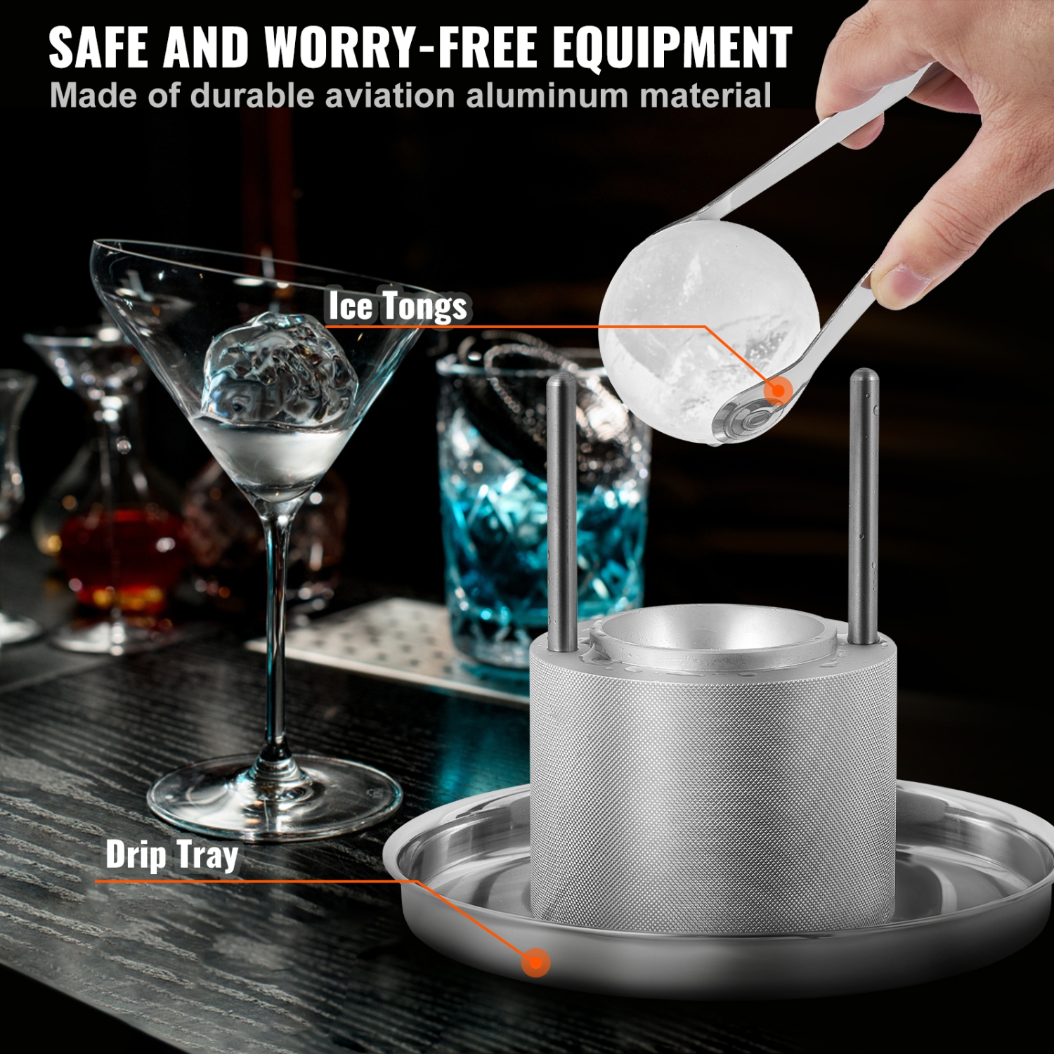 VEVOR 2.4" Ice Ball Press, Ice Ball Maker, Aircraft Al Alloy Ice Ball Press Kit for 60mm Ice Sphere, Ice Press with Tong and Drip Tray, for Whiskey,