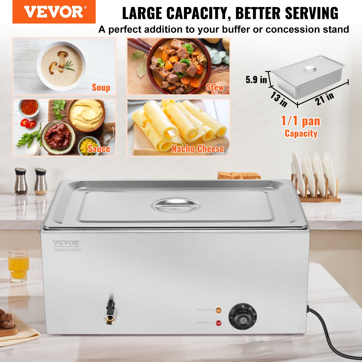 Réchauffeur d'aliments commercial VEVOR, table à vapeur électrique de 1 x 19 pte, buffet en acier inoxydable 1200&nbsp;W Professional avec contrôle