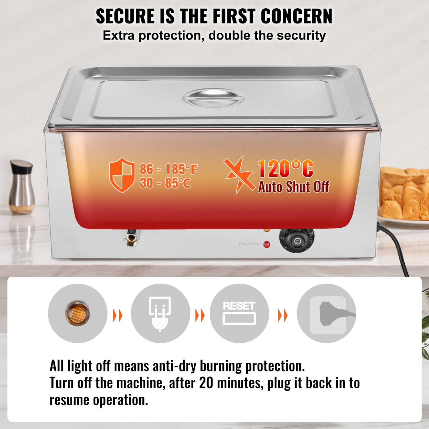 Réchauffeur d'aliments commercial VEVOR, table à vapeur électrique de 1 x 19 pte, buffet en acier inoxydable 1200&nbsp;W Professional avec contrôle