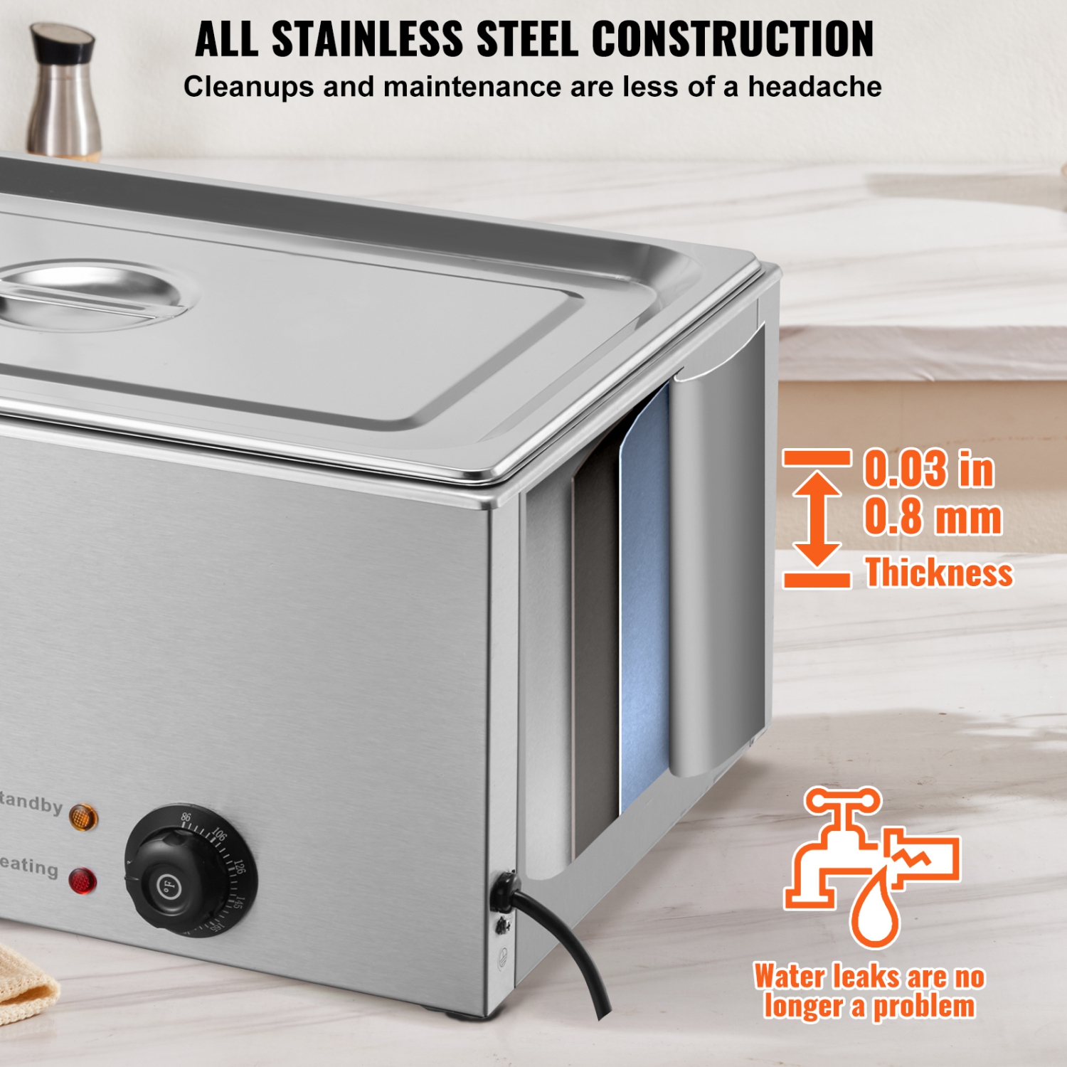 Réchauffeur d'aliments commercial VEVOR, table à vapeur électrique de 1 x 19 pte, buffet en acier inoxydable 1200&nbsp;W Professional avec contrôle