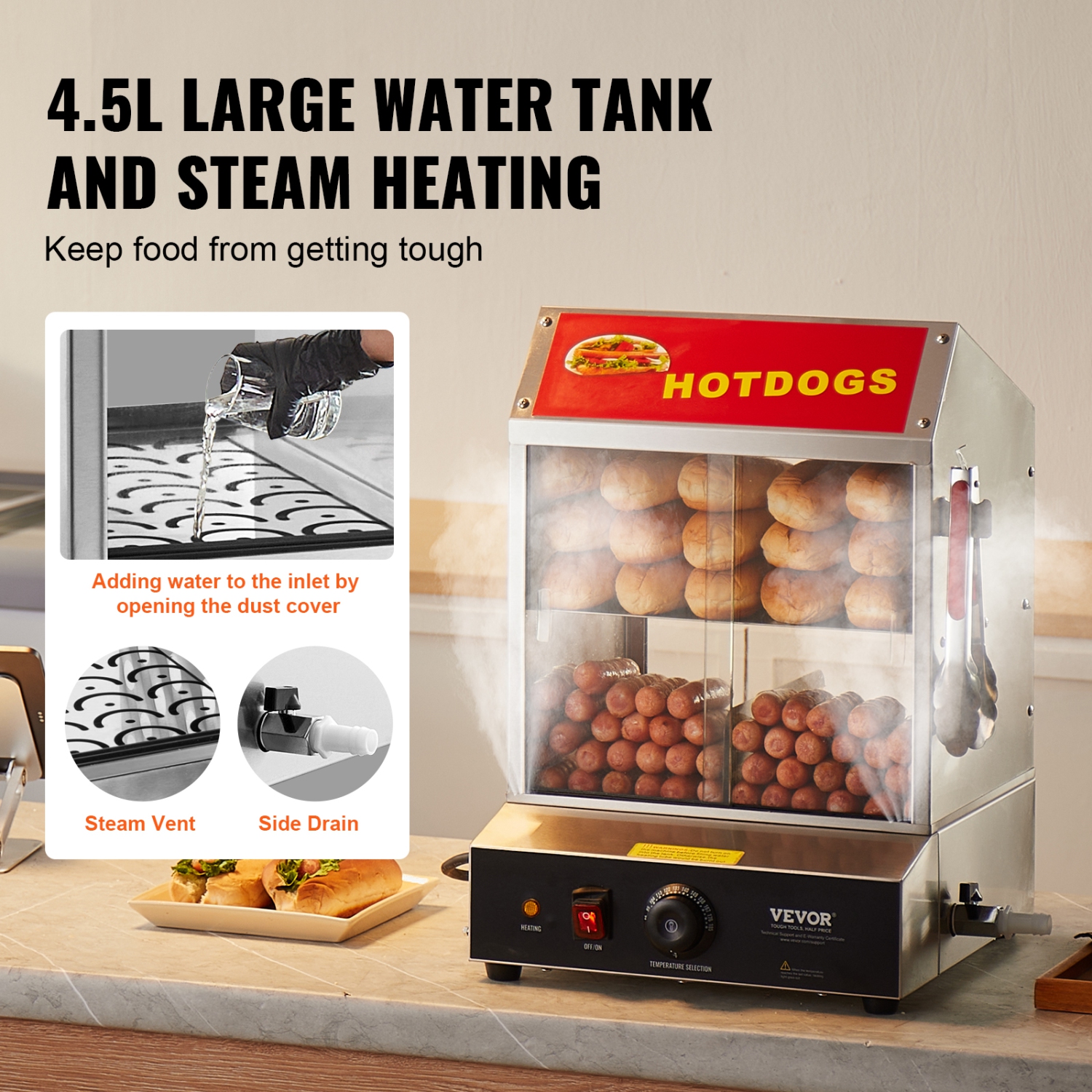 VEVOR 28.5QT Hot Dog Steamer, 2-Tier Stainless Steel Hot Dog Hut Steamer, 86℉~185℉ Temperature Control, Electric Bun Warmer with Tempered Glass Slide