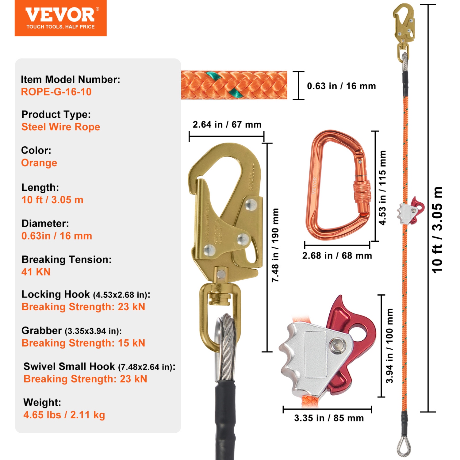 VEVOR 16mm Steel Core Flipline, 10ft(3m) Arborist Flipline, Flip Line for Tree Climbing with Alloy Steel Snap Hook & Aluminum Alloy Carabiner, 30KN