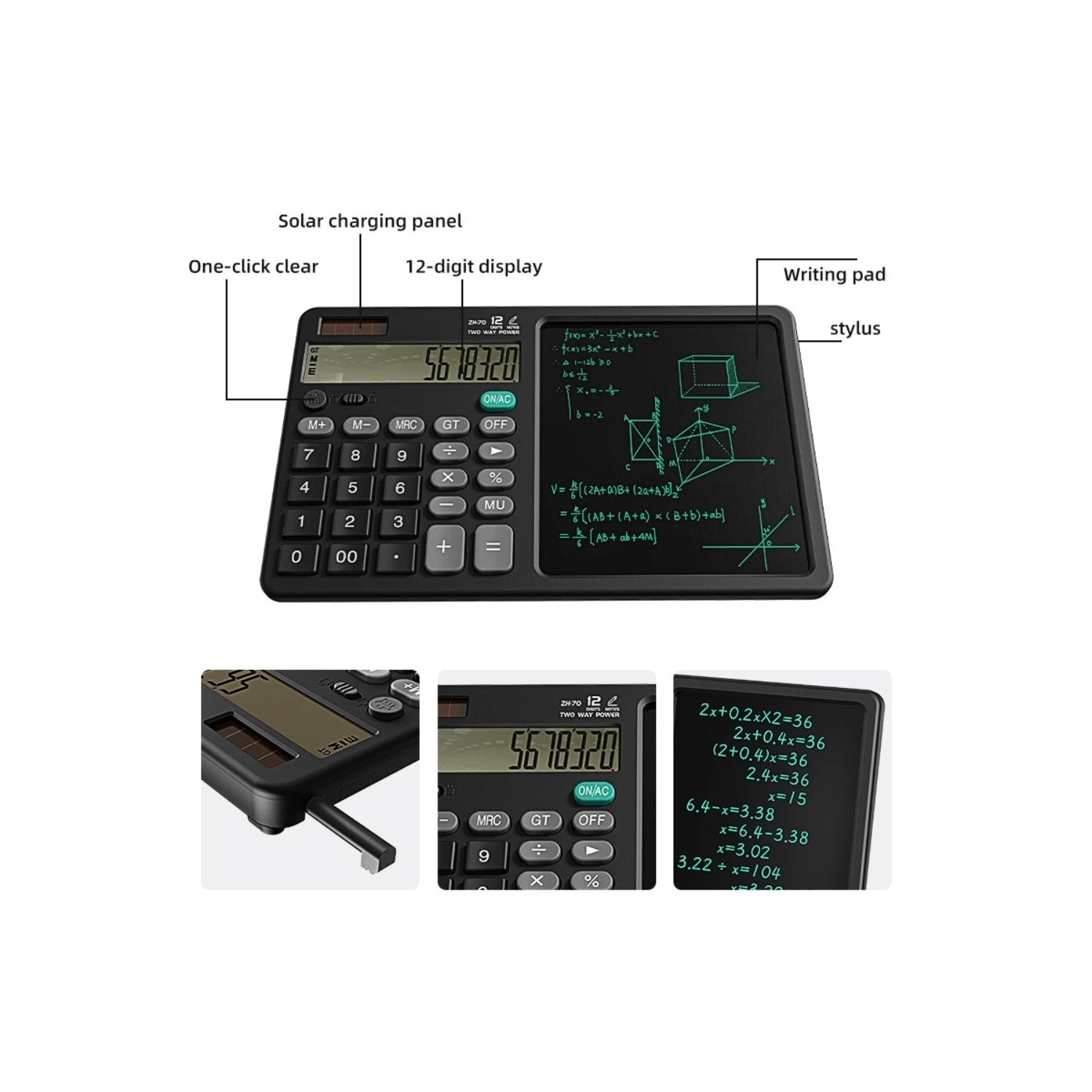 calculatrice 2-en-1 à 12 chiffres à énergie solaire pour le bureau scolaire