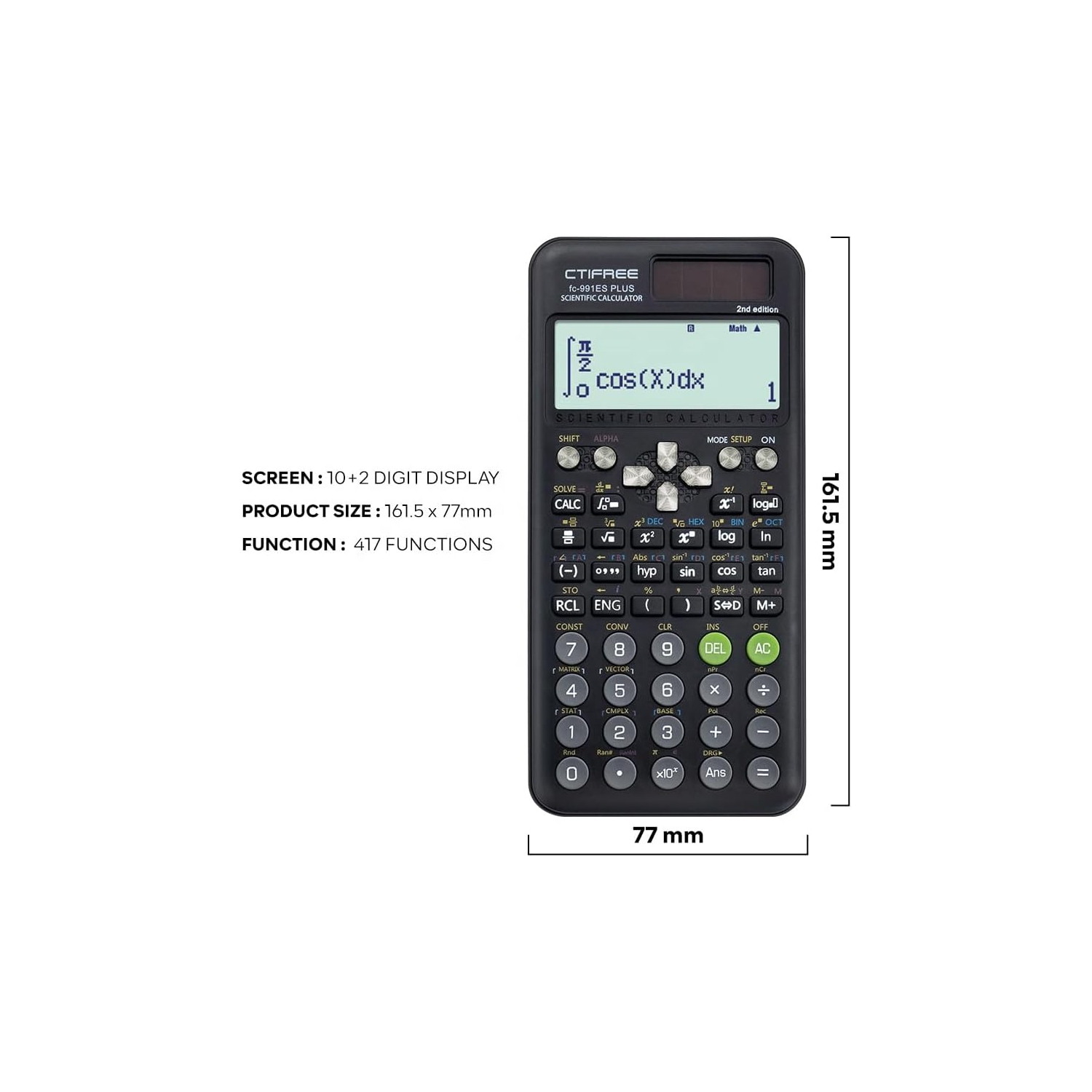 Calculateur de fonction 417 Fonctions 2 lignes 10+2 chiffres Affichage écrit Calculatrice scientifique solaire bleue