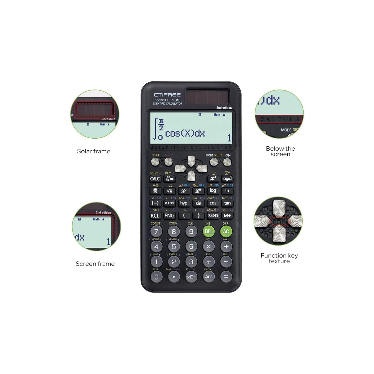 Function Calculator 417 Functions 2 Lines 10+2 Digits Written Display Solar Powered Scientific Calculator-black