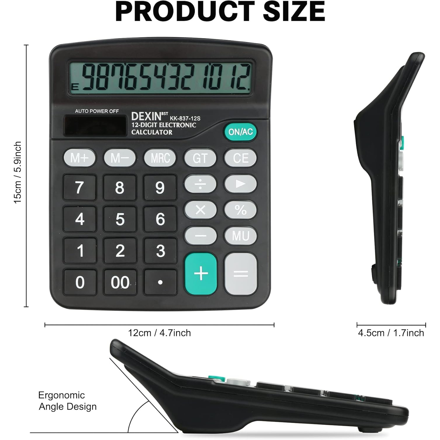 Calculatrice – Calculatrice à énergie solaire et à pile à 12 chiffres standard pour le bureau, l'école, le bureau à domicile – Noir