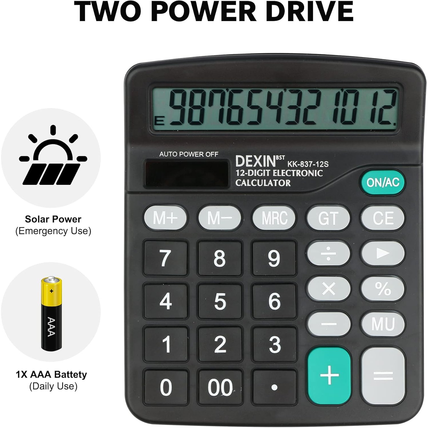 Calculatrice – Calculatrice à énergie solaire et à pile à 12 chiffres standard pour le bureau, l'école, le bureau à domicile – Noir