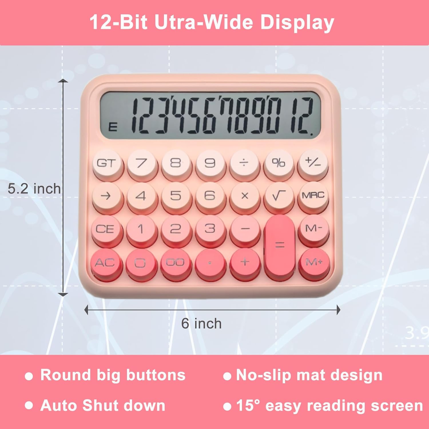 Mechanical Switch Calculator, Pink Calculator, Cute 12-Digit Extra Large LCD Display and Large Buttons, Basic Standard Calculator Desktop Version for