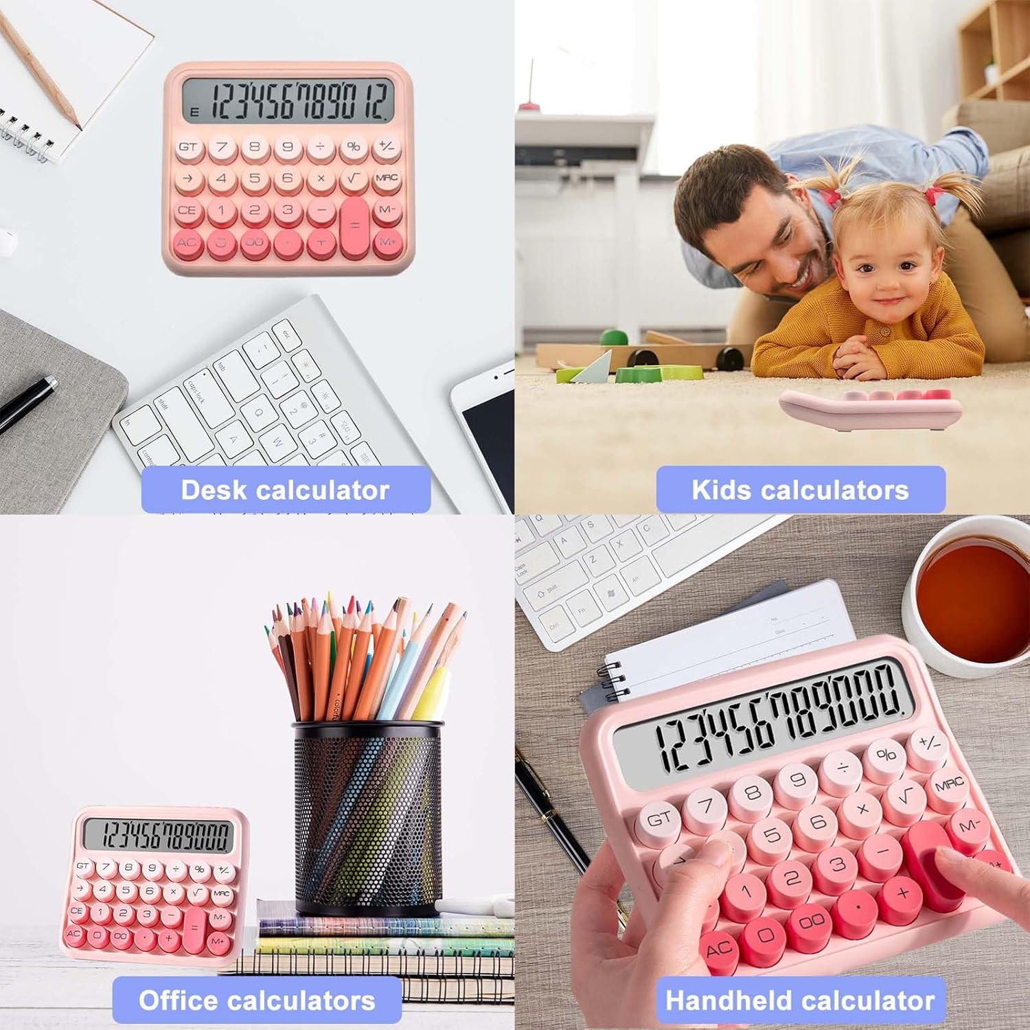 Mechanical Switch Calculator, Pink Calculator, Cute 12-Digit Extra Large LCD Display and Large Buttons, Basic Standard Calculator Desktop Version for