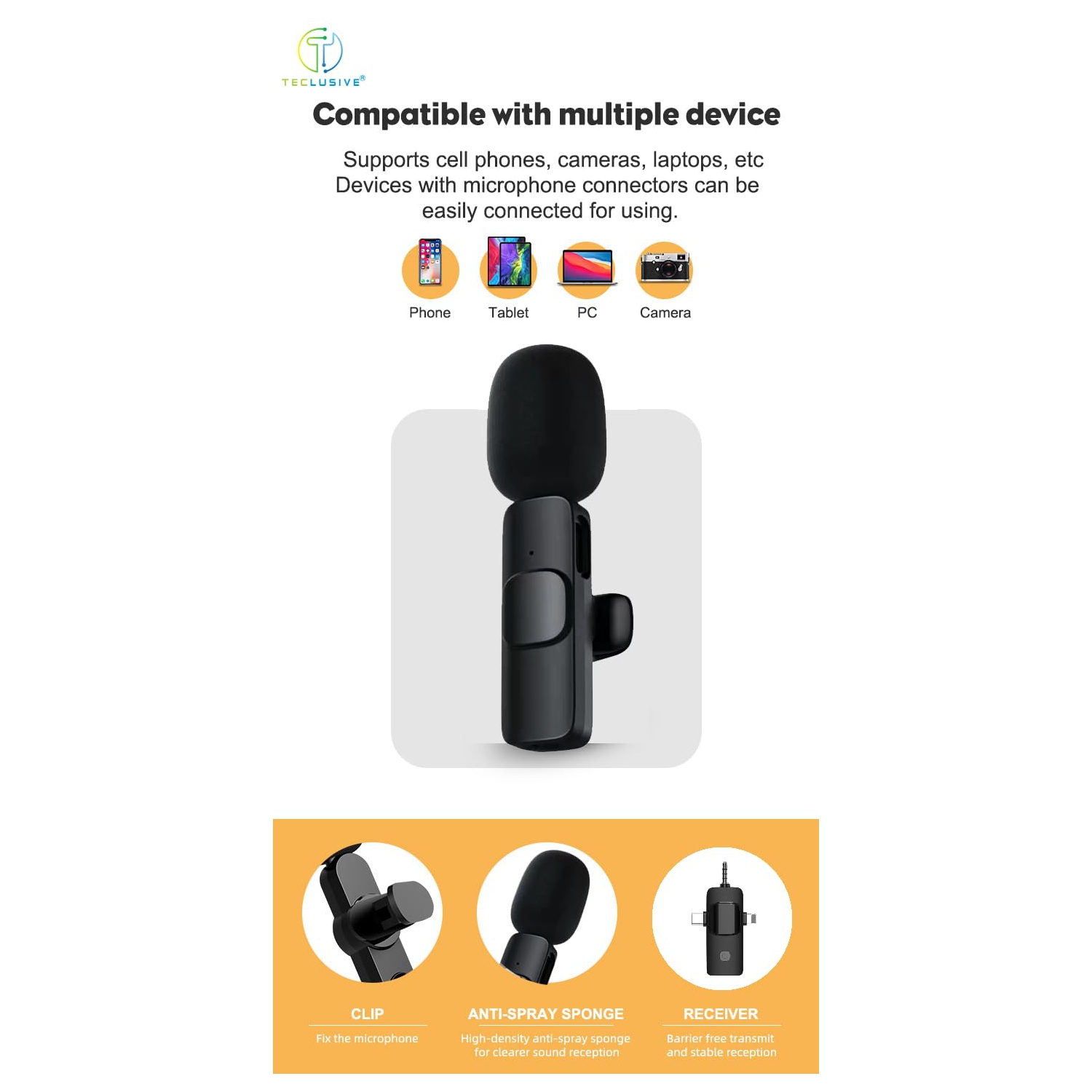 3 in 1 Wireless Lavalier Microphone Compatible with iPhone Type C 3.5mm Jack DSLR Camera | Wireless Microphone with Noise Cancellation for Vlog Insta