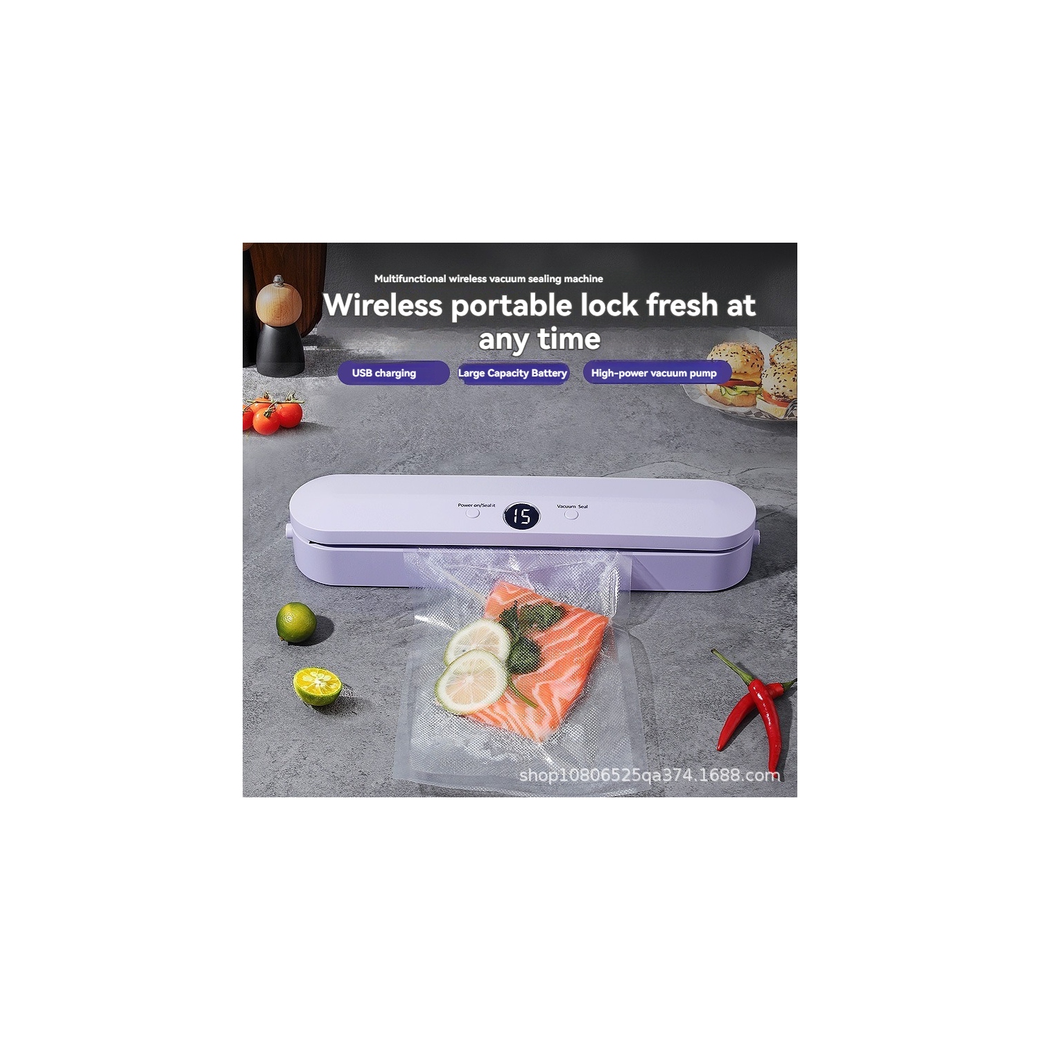 Scelleuse sous vide portative violette - Batterie 1500&nbsp;mAh, aspiration forte de 62 kpa, matériau ABS pour une fraîcheur durable des aliments