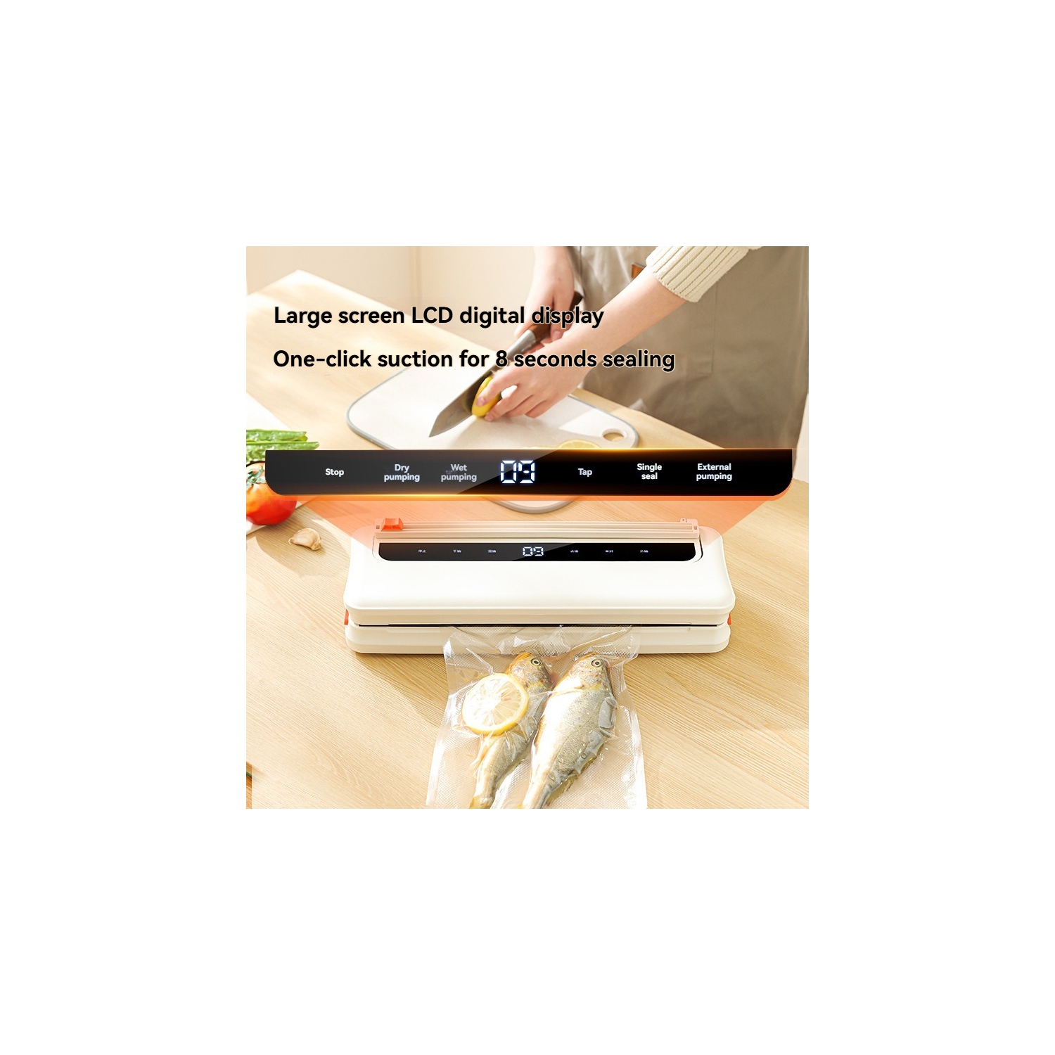 Smart touch vacuum sealer – one-touch operation, LCD touch screen, 30 cm sealing width, wet or dry, 8 seconds fast sealing