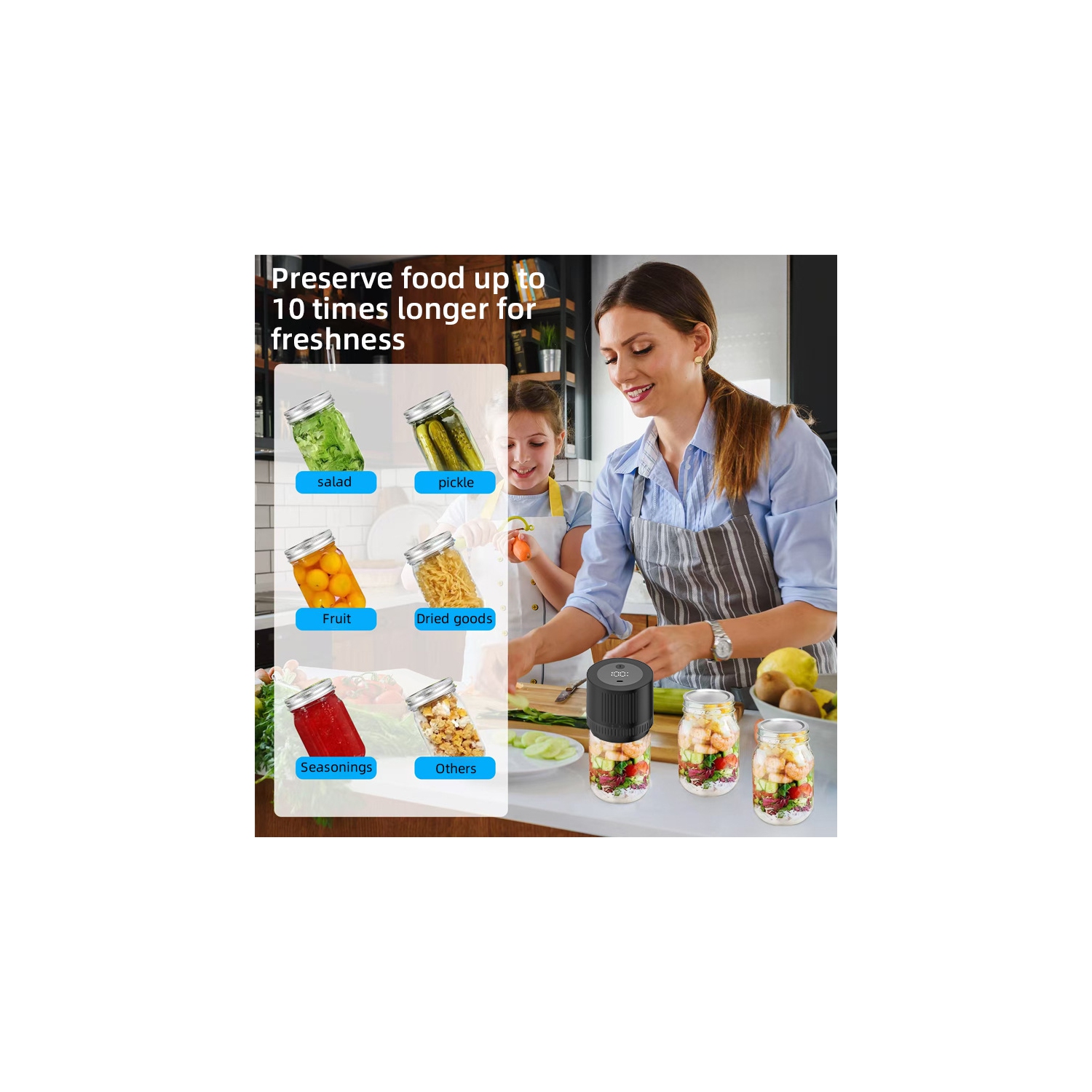 Electric jar sealer - compatible with two sizes, rechargeable, keep fresh longer, compact and portable, easy to carry, keep fresh anytime, anywhere,