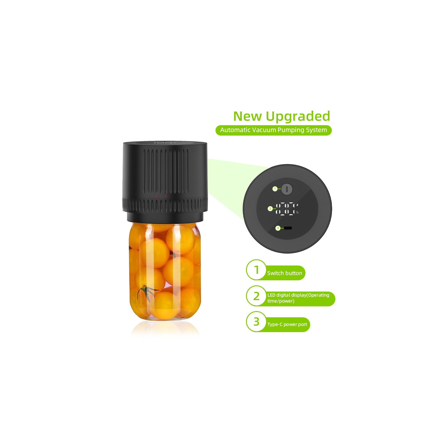 Electric jar sealer - compatible with two sizes, rechargeable, keep fresh longer, compact and portable, easy to carry, keep fresh anytime, anywhere,