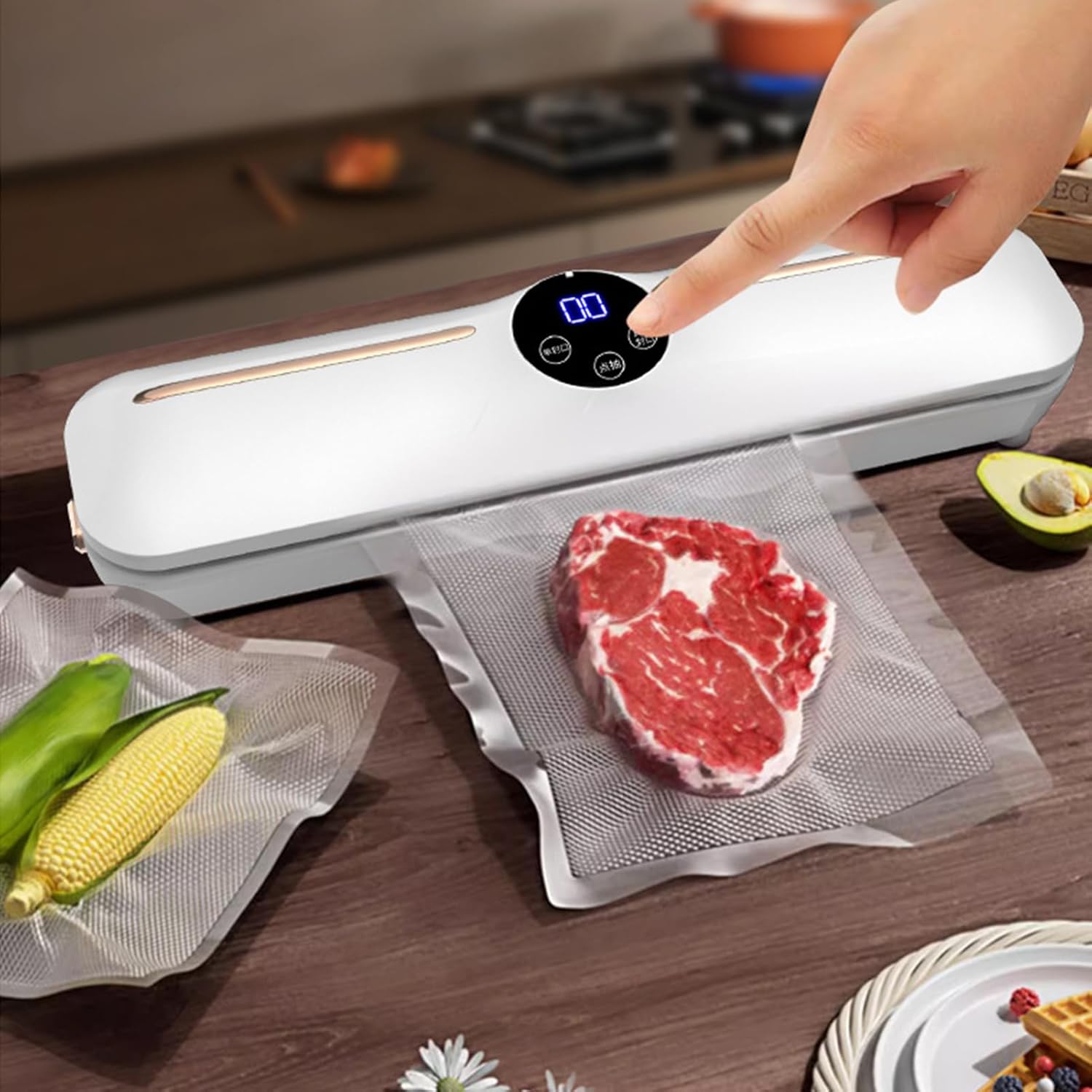 Scelleuse sous vide à deux modes&nbsp;: joint étendu et élargi, contrôle intelligent à une touche, double usage sur peau sèche ou humide, compact et