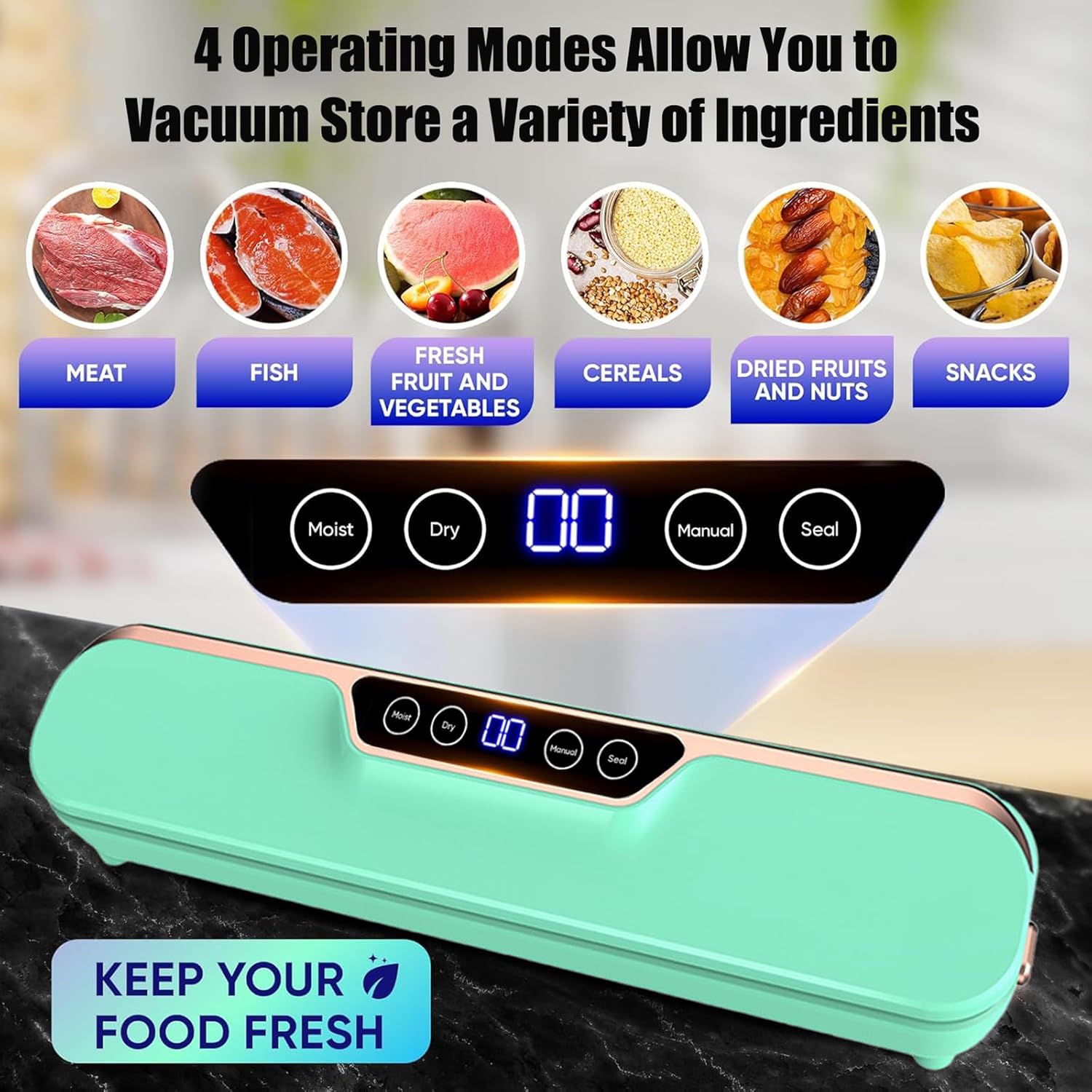 Dual-mode vacuum sealer - extended and widened seal, intelligent one-touch control, wet and dry dual-use, compact and space-saving, multiple functions
