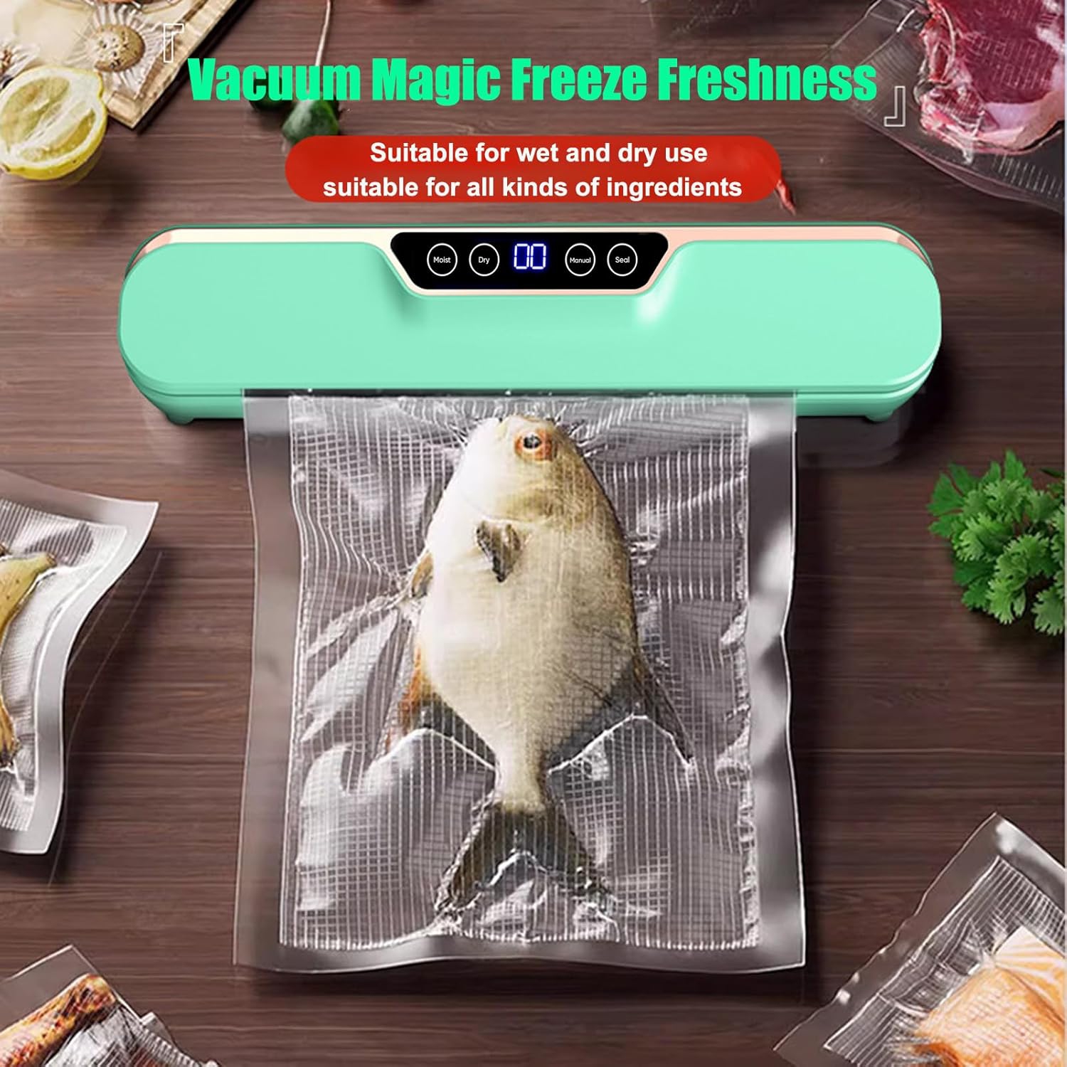 Dual-mode vacuum sealer - extended and widened seal, intelligent one-touch control, wet and dry dual-use, compact and space-saving, multiple functions