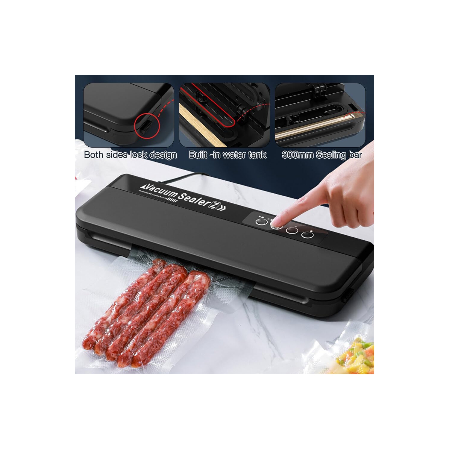 UV sterilizing vacuum sealer - 75 kPa strong suction, 300mm sealing, stainless steel panel, one-touch operation, suitable for wet and dry foods and