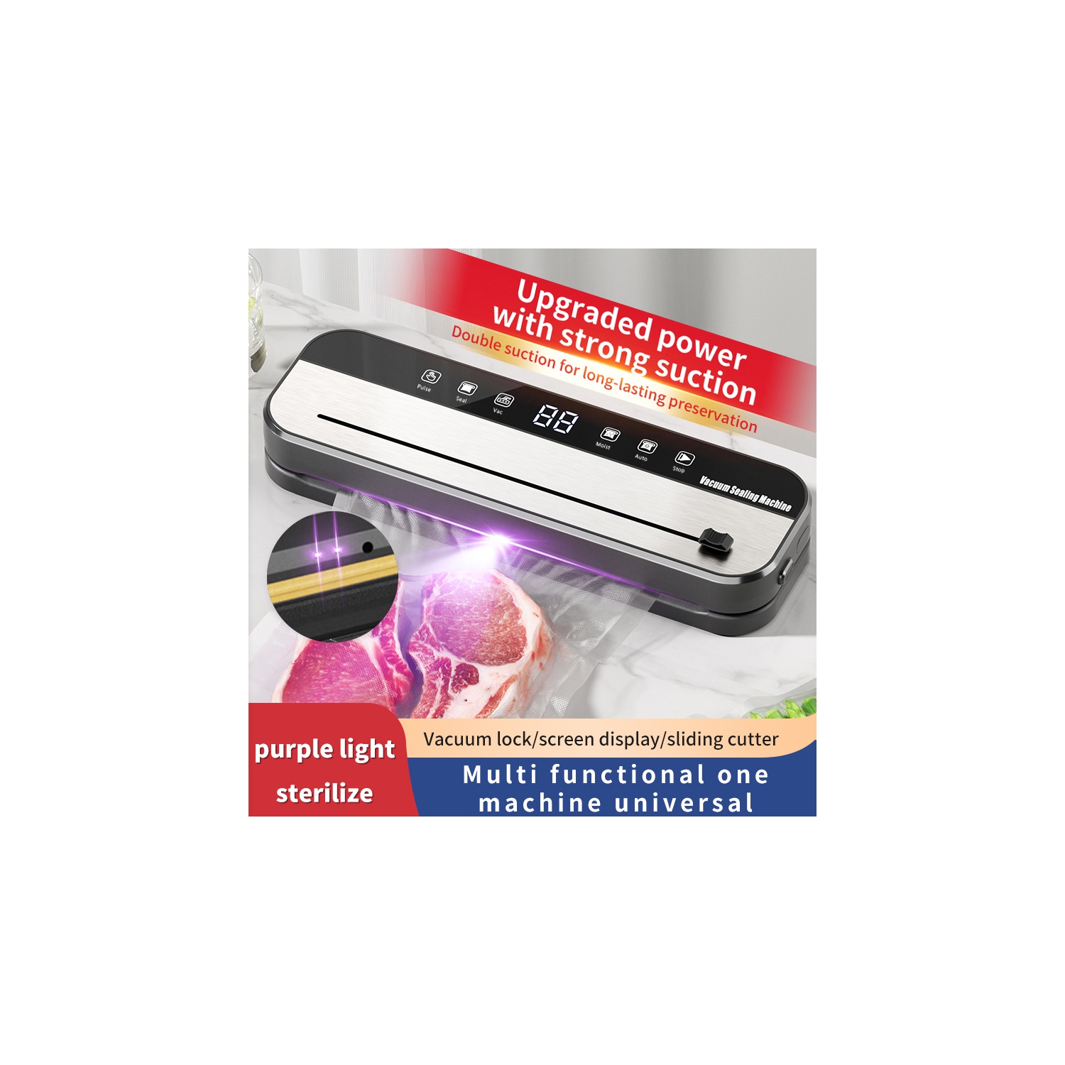 Scellant sous vide de stérilisation UV - aspiration forte de 75 kPa, réservoir sous vide externe, fonctionnement à un bouton, adapté aux aliments et