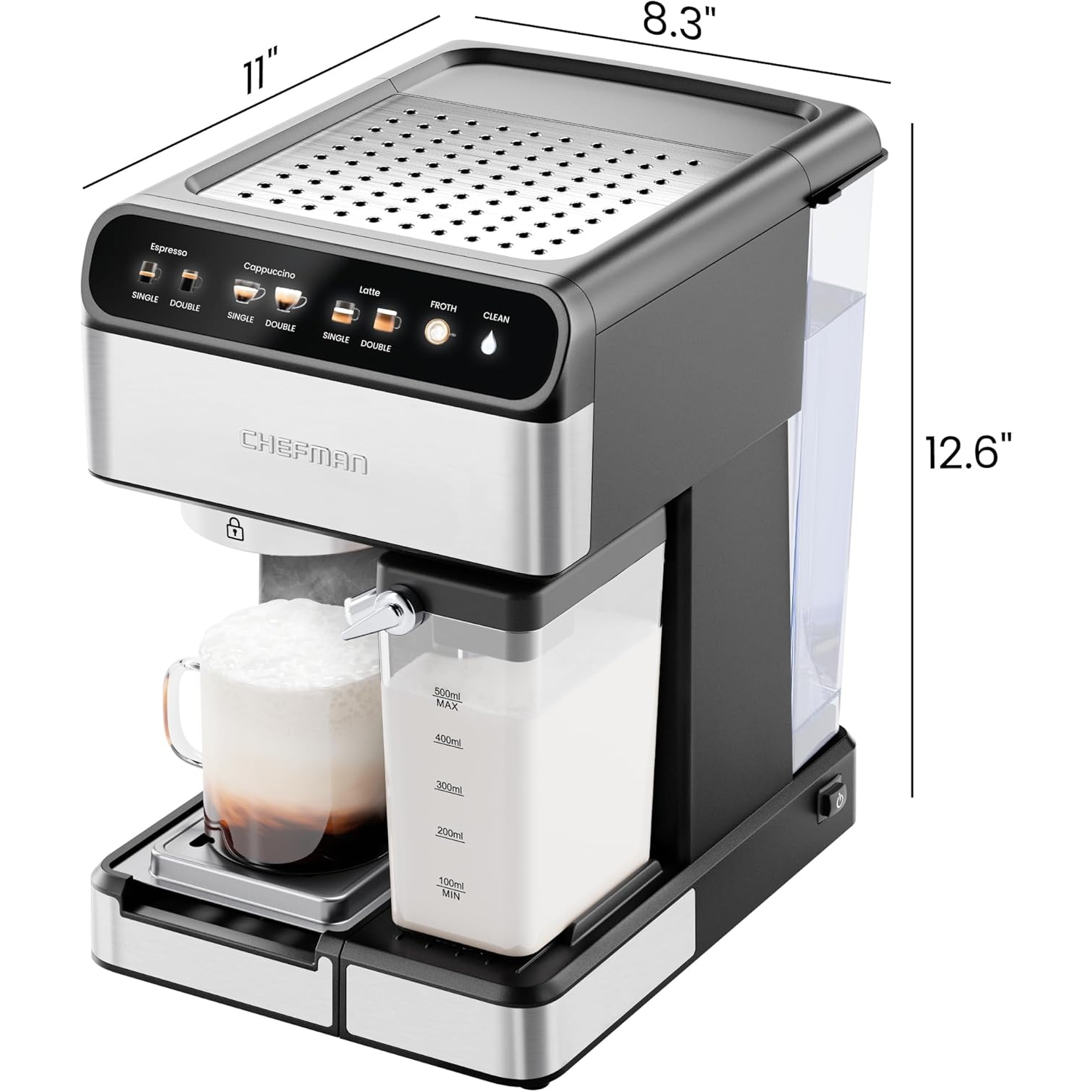 Chefman CaféMaster Pro Espresso Machine – 6-in-1 Digital Coffee Maker with Built-In Milk Frother, 15-BAR Pump, 1.8L Water Reservoir – Stainless Steel