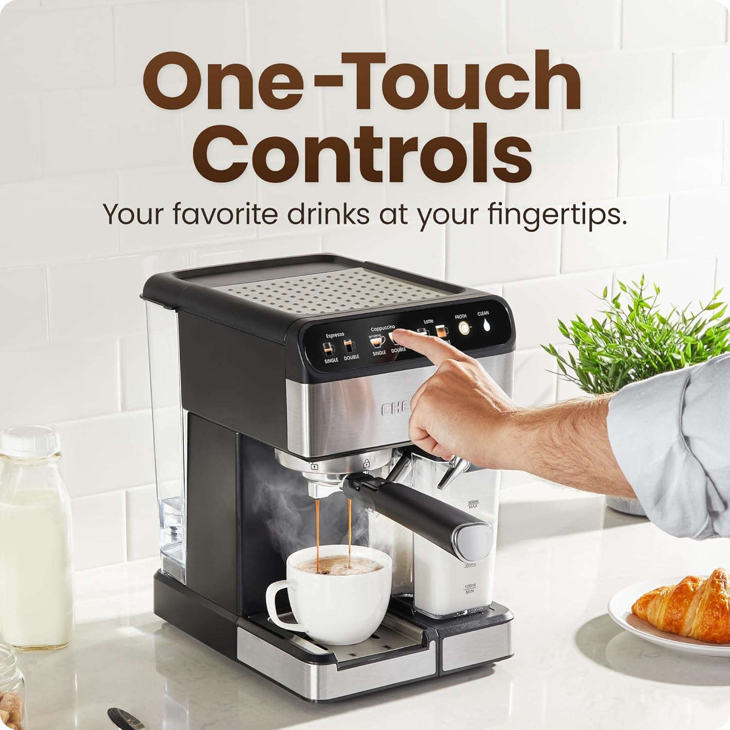 Chefman CaféMaster Pro Espresso Machine – 6-in-1 Digital Coffee Maker with Built-In Milk Frother, 15-BAR Pump, 1.8L Water Reservoir – Stainless Steel