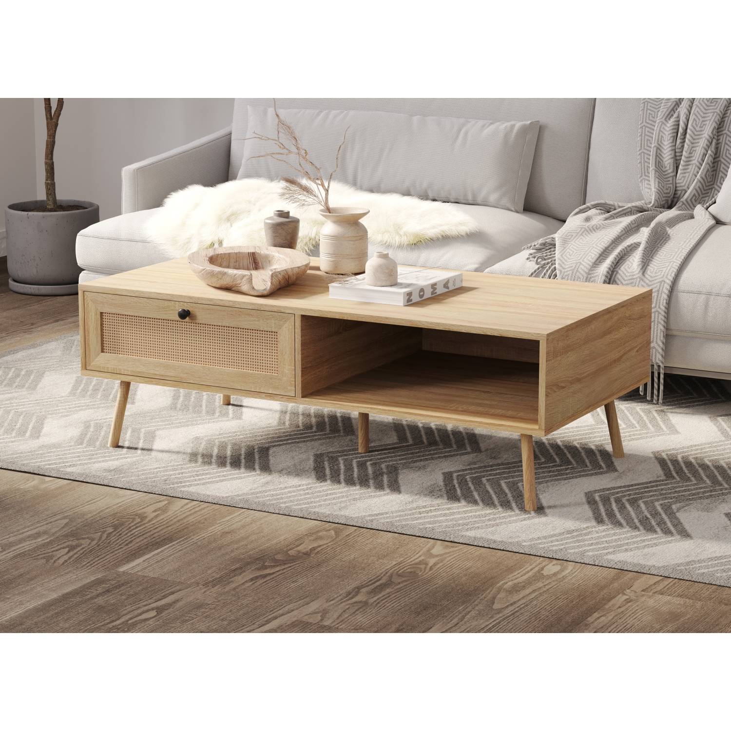 Coffee Table with Storage. Living Room Decor. Living Room Furniture. Couch Table for Apartment Decor. Home Furniture. Natural Rattan Look Sofa Table.