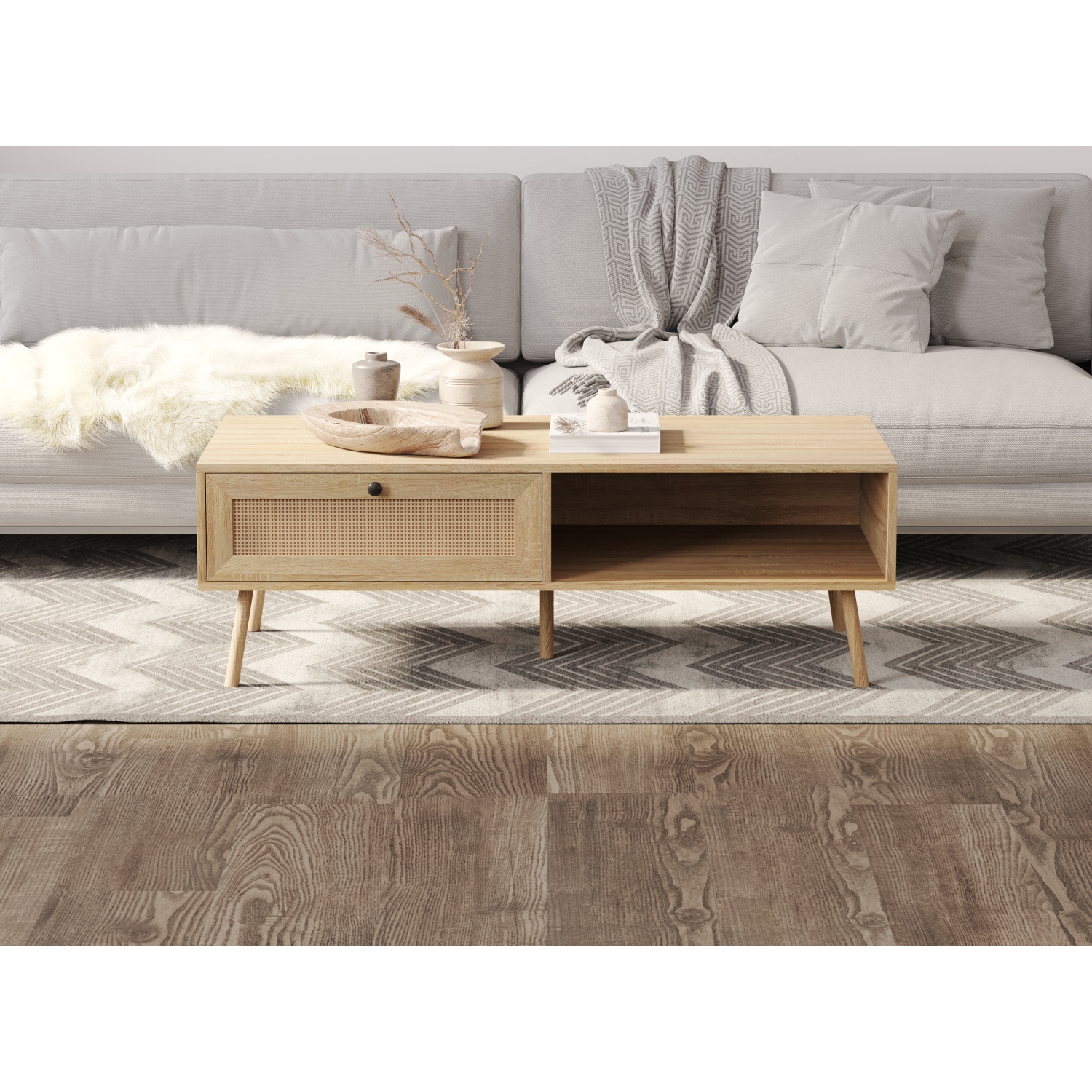 Coffee Table with Storage. Living Room Decor. Living Room Furniture. Couch Table for Apartment Decor. Home Furniture. Natural Rattan Look Sofa Table.