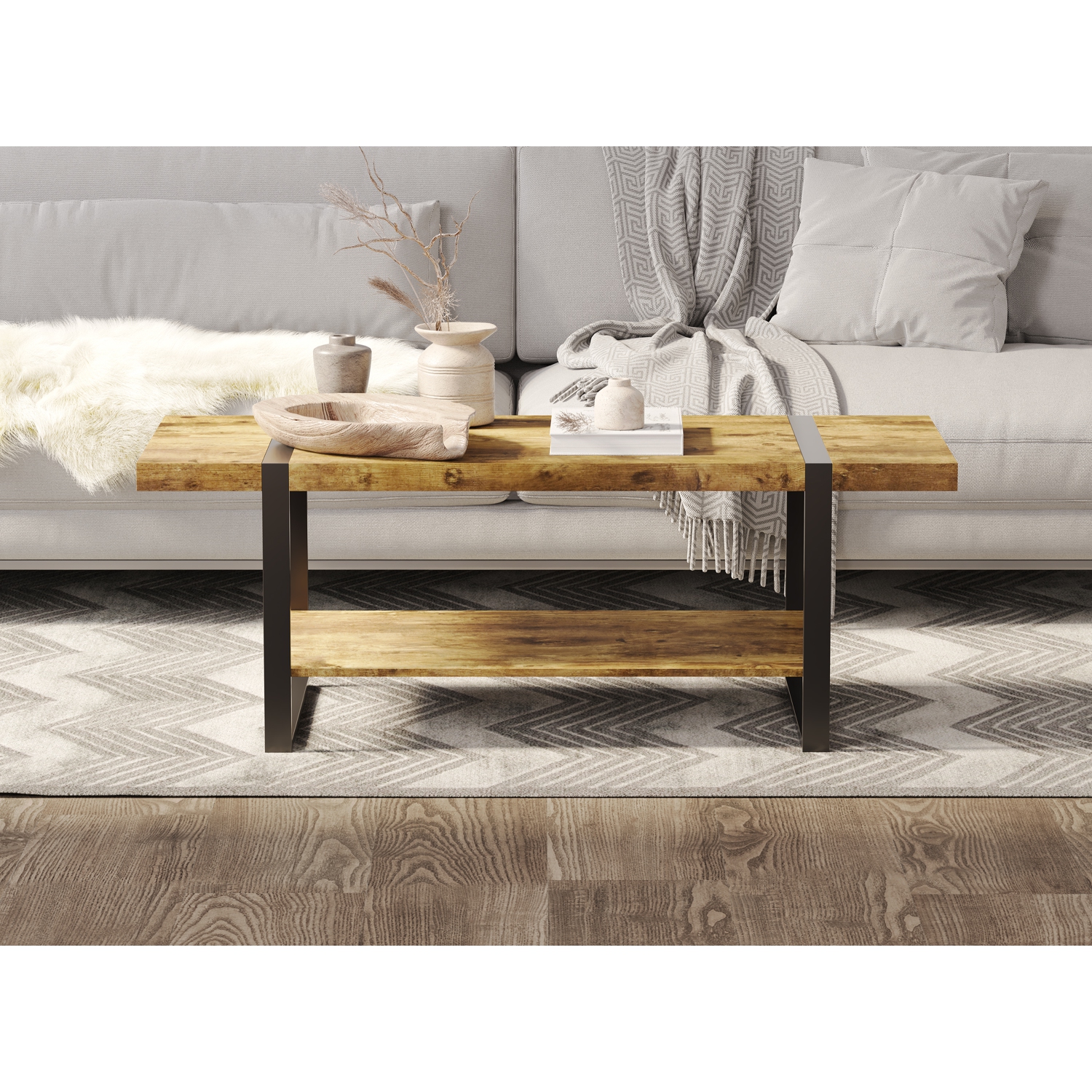 Coffee Table with Storage. Living Room Decor. Living Room Furniture. Couch Table for Apartment Decor. Home Furniture. Reclaimed Wood Look Sofa Table.