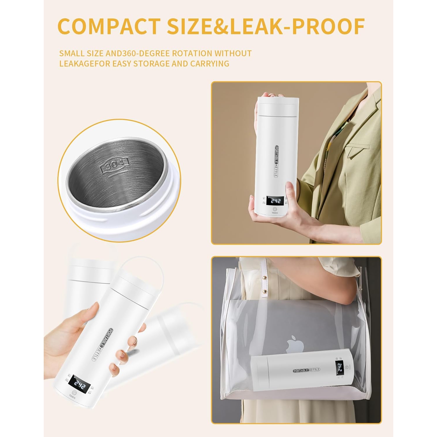Bouilloire électrique de voyage de VICBINLY – Bouilloire portative 450&nbsp;ml avec contrôle de la température, arrêt automatique et chauffe-eau