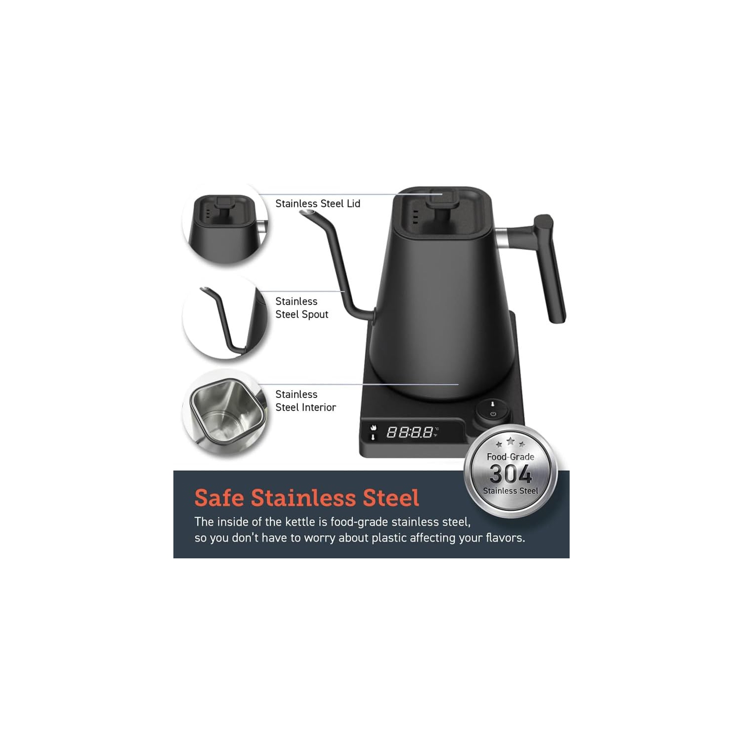 VICBINLY Electric Gooseneck Kettle - 1.0L Pour Over Coffee Kettle with Precise Temperature Control, 1200W Quick Heating, Stainless Steel Inner Lid