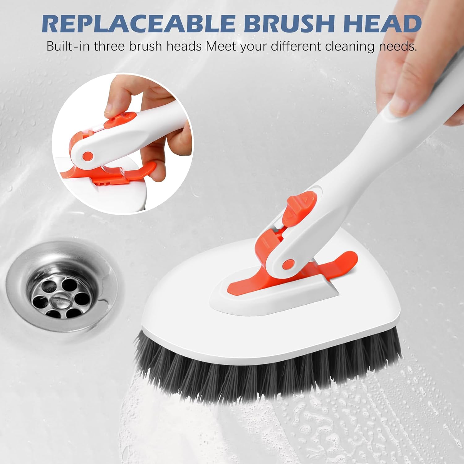 Floor Scrub Brush, 3-In-1 Tile Tub Floor Scrubber with 52-inch Adjustable Long Handle Shower Cleaner Brush and 3 Detachable Replacement Brush Heads