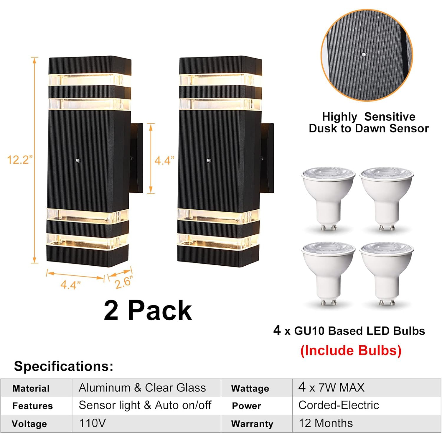 Éclairage d'extérieur DEL Dusk to Dawn, paquet de 2, luminaire extérieur blanc chaud 3000 K, capteur en aluminium, éclairage extérieur étanche pour