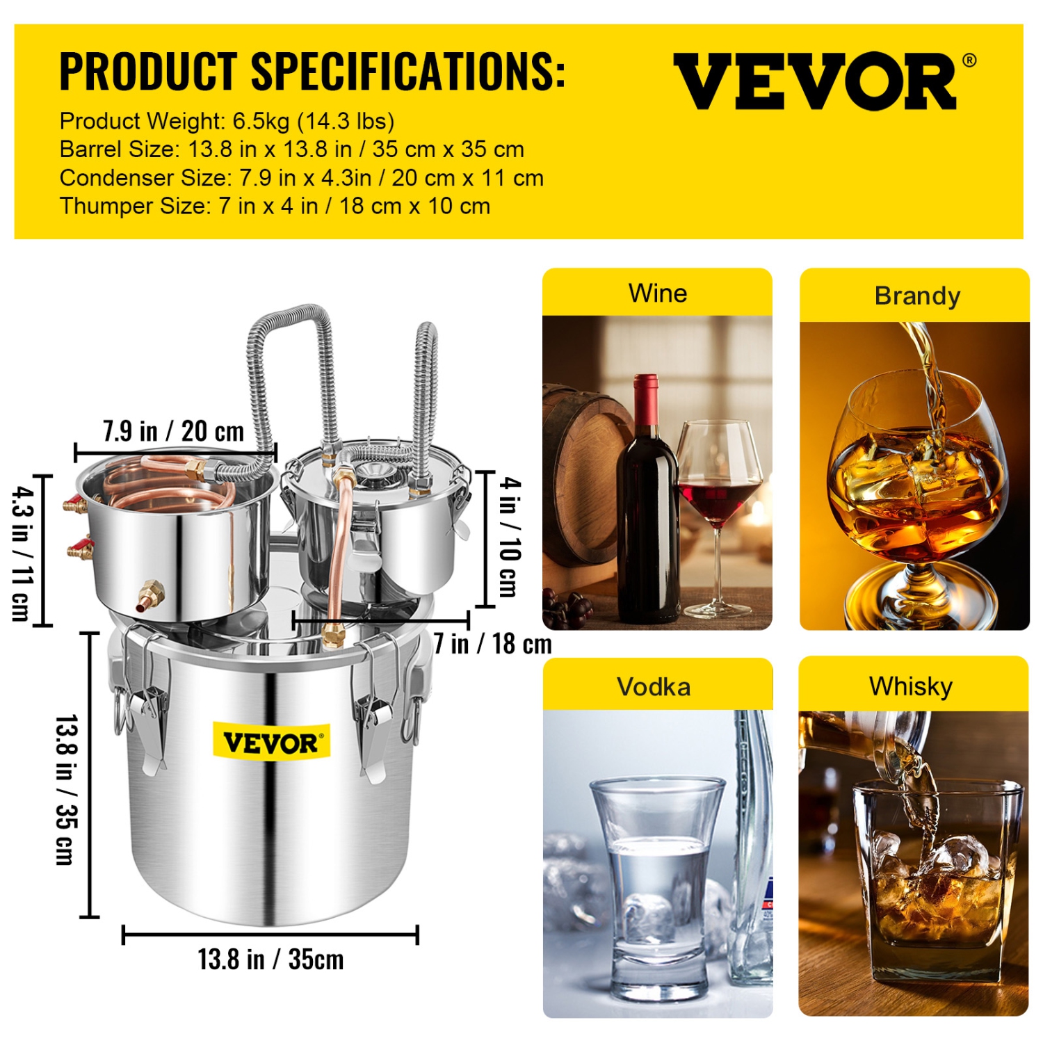 VEVOR Moonshine Still Stainless Steel Water Alcohol Distiller Copper Tube With Circulating Pump Home Brewing Kit Build-in Thermometer for DIY Whisky