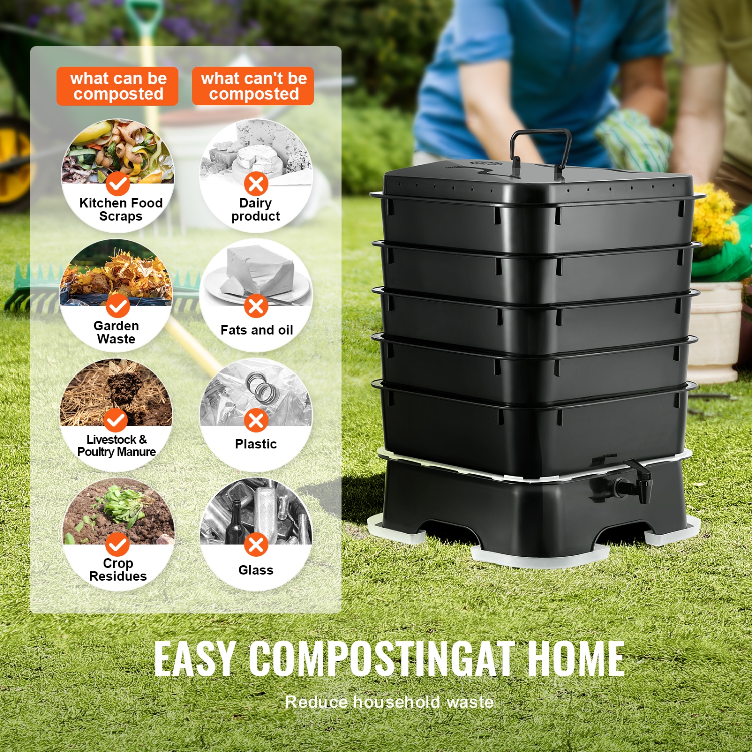 VEVOR 5-Tray Worm Composter, 50 L Worm Compost Bin Outdoor and Indoor, Sustainable Design Worm Farm Kit, for Recycling Food Waste, Worm Castings,