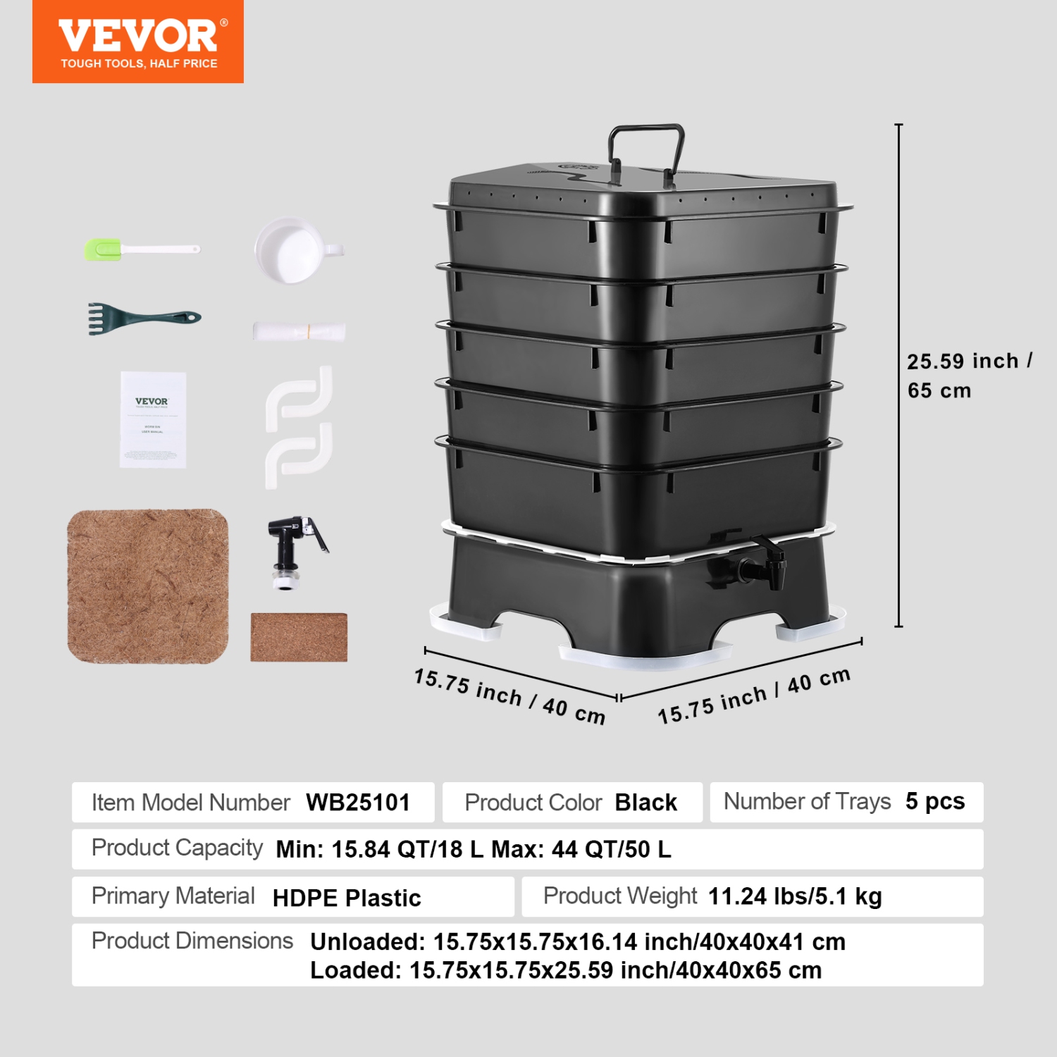 VEVOR 5-Tray Worm Composter, 50 L Worm Compost Bin Outdoor and Indoor, Sustainable Design Worm Farm Kit, for Recycling Food Waste, Worm Castings,