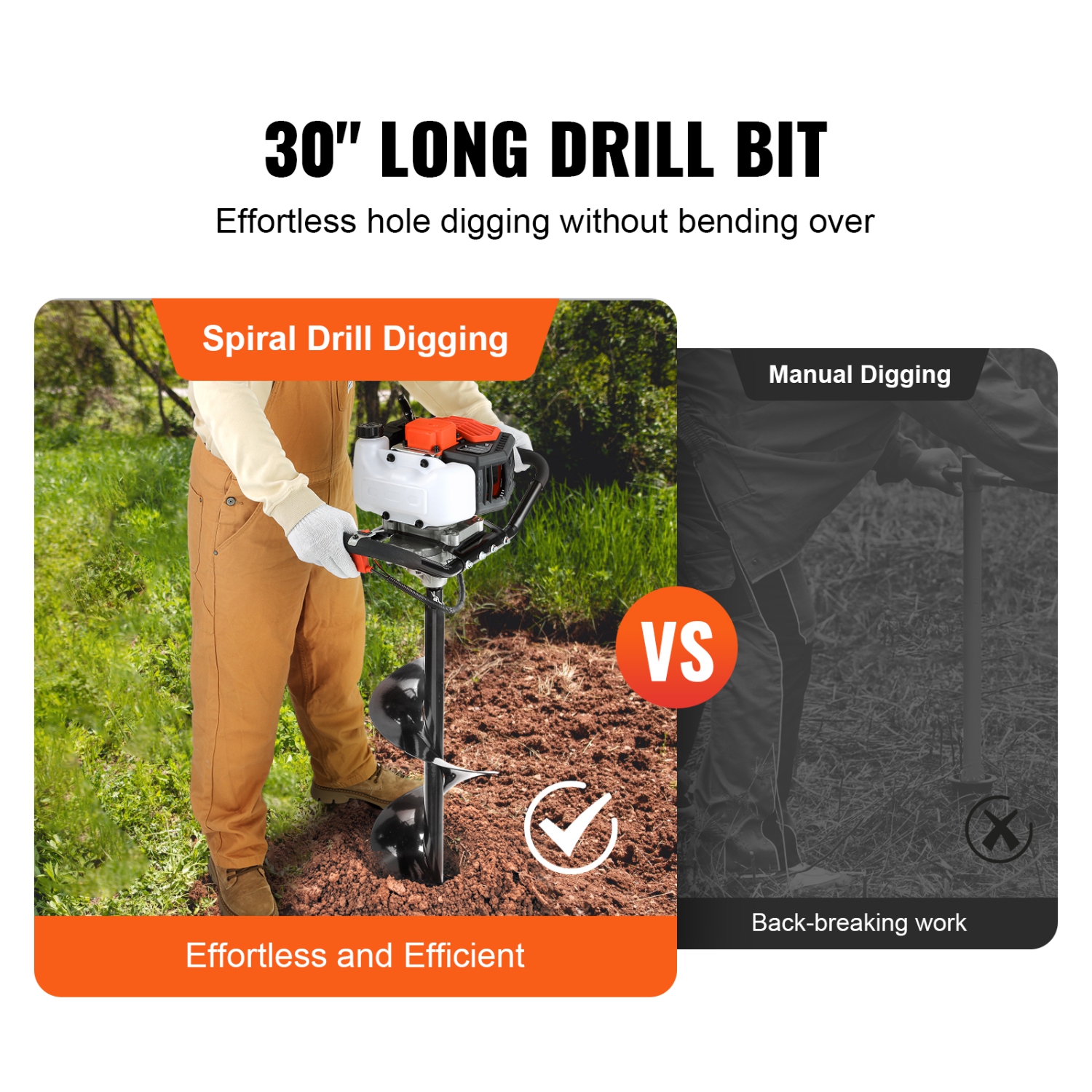 VEVOR 52cc Post Hole Digger, 1450W Auger Post Hole digger, Gas Powered Earth Digger with Two Earth Auger Drill Bit 6" & 10" and 3 Extension Rods, for