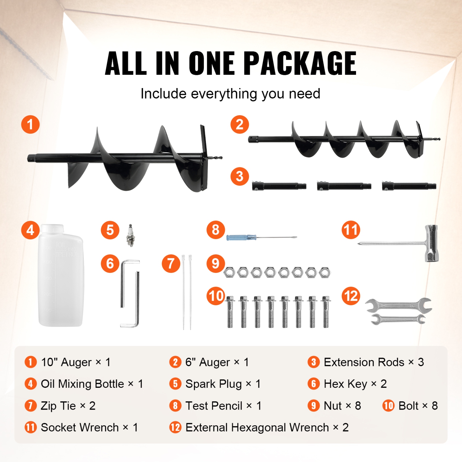 VEVOR 52cc Post Hole Digger, 1450W Auger Post Hole digger, Gas Powered Earth Digger with Two Earth Auger Drill Bit 6" & 10" and 3 Extension Rods, for