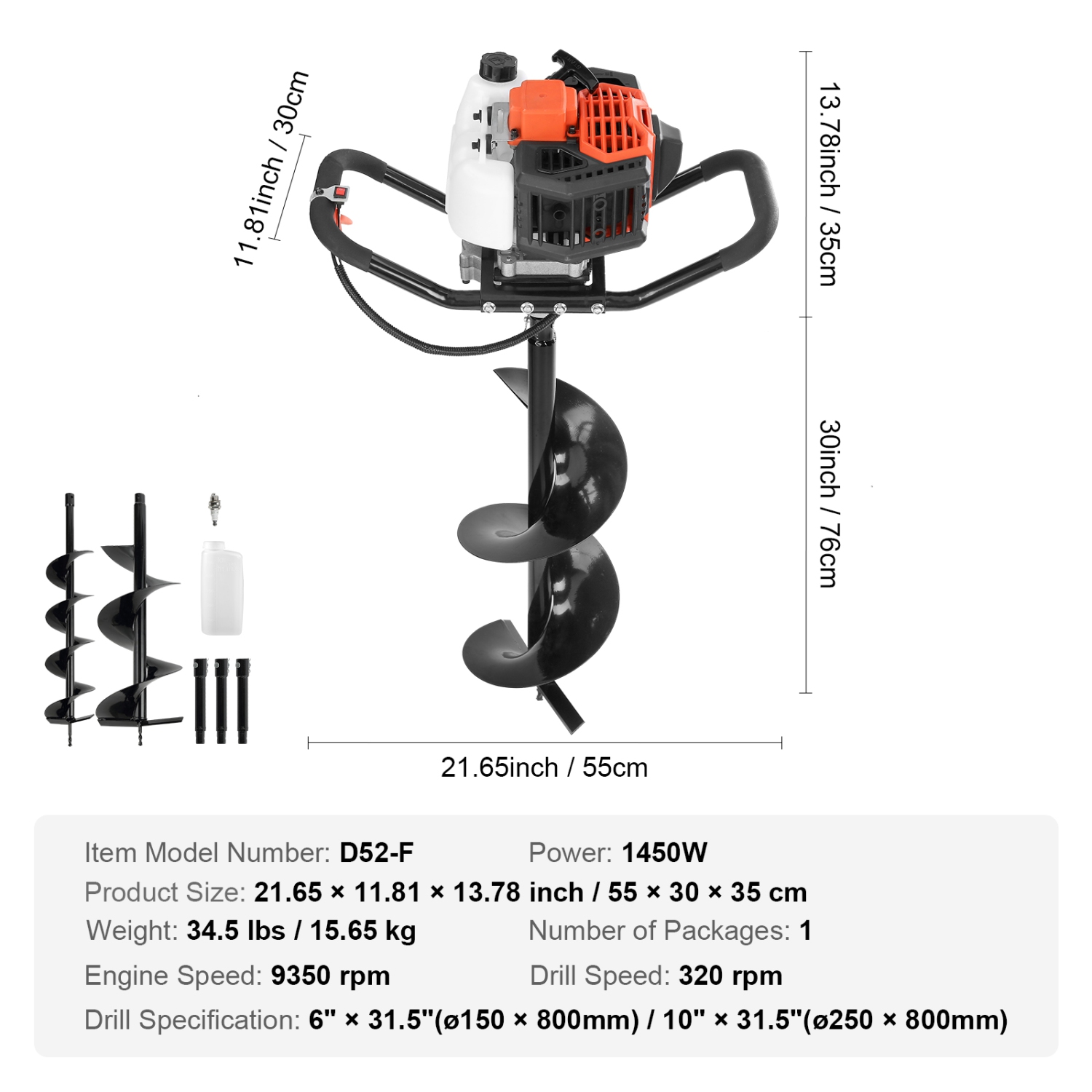 VEVOR 52cc Post Hole Digger, 1450W Auger Post Hole digger, Gas Powered Earth Digger with Two Earth Auger Drill Bit 6" & 10" and 3 Extension Rods, for