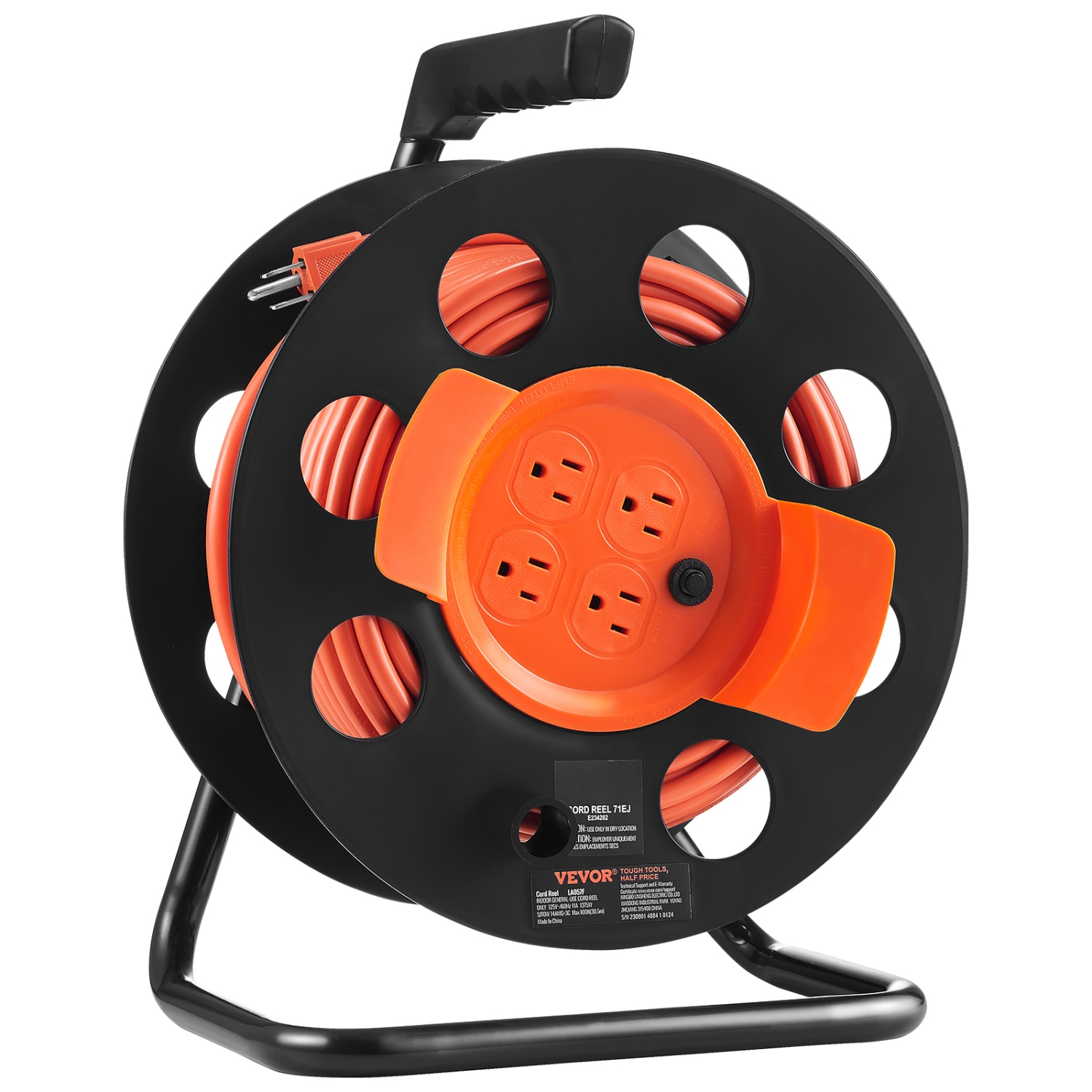 VEVOR 100FT Extension Cord Reel, with 4 Outlets and Dust Cover, Heavy Duty 14AWG SJTOW Power Cord, Manual Cord Reel with Portable Handle Circuit