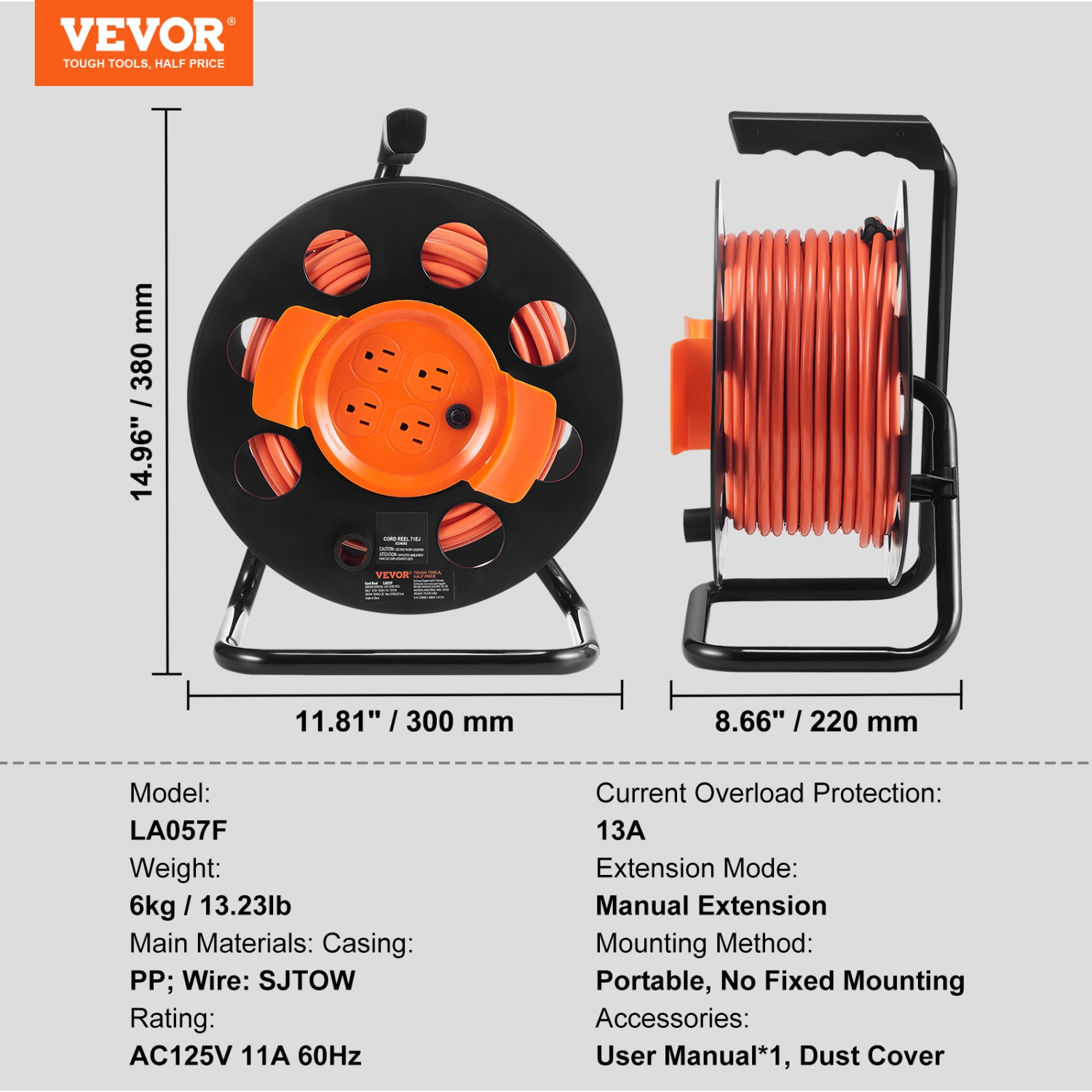 VEVOR 100FT Extension Cord Reel, with 4 Outlets and Dust Cover, Heavy Duty 14AWG SJTOW Power Cord, Manual Cord Reel with Portable Handle Circuit