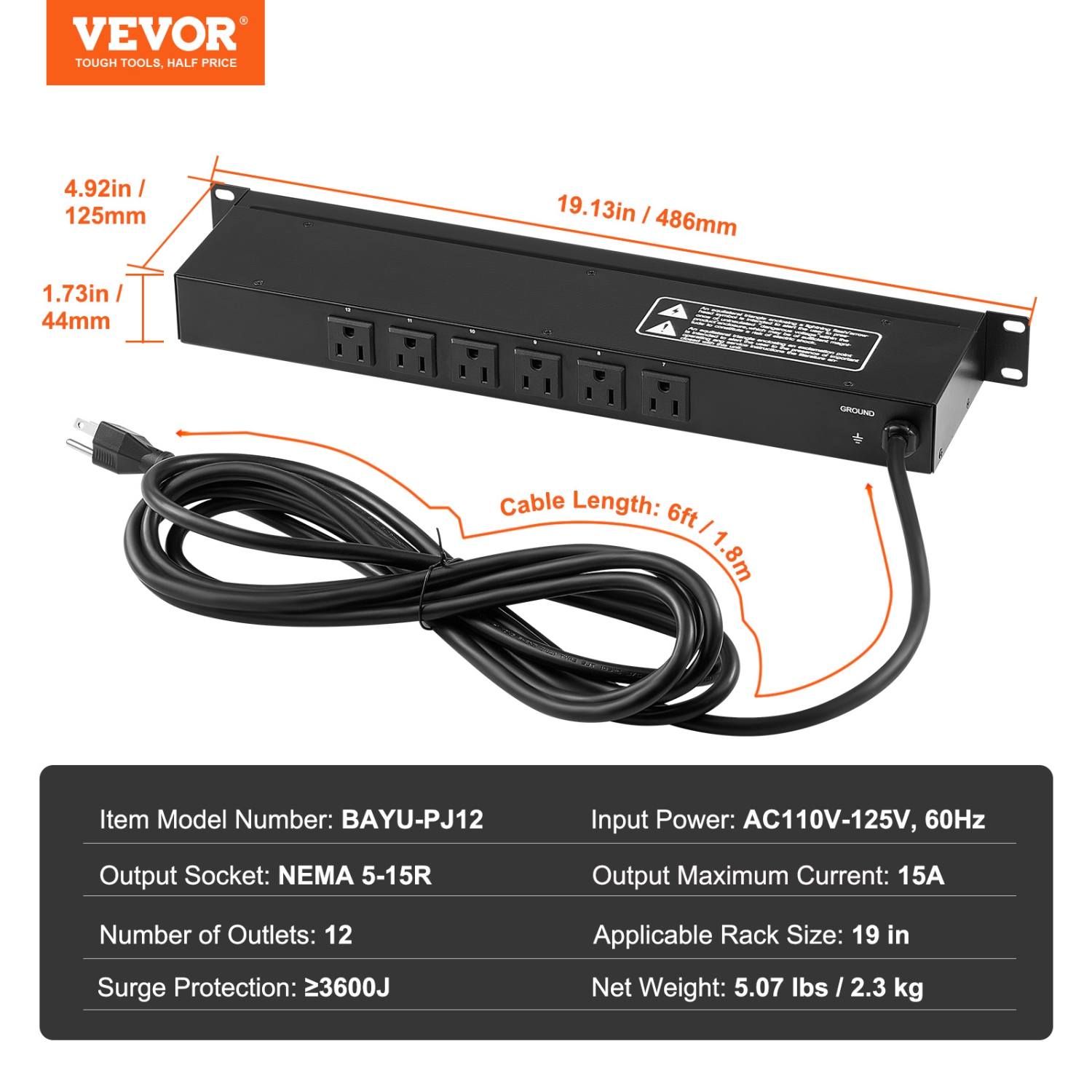 VEVOR 1U PDU, 12 Outlets,Rack Mount Power Strip Fits Standard 19" Server Racks,with Integrated Switch Surge Protection & Overload