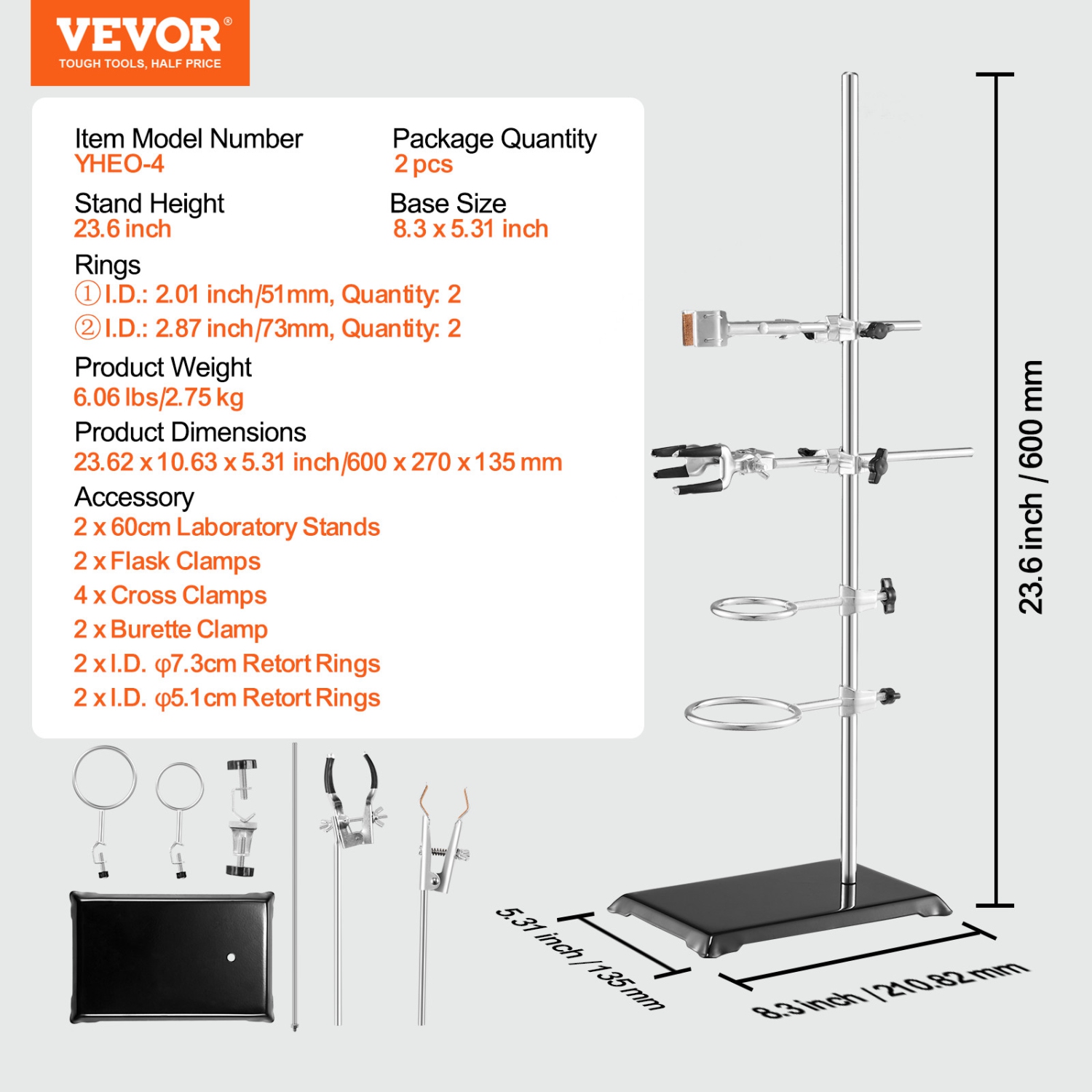 VEVOR 2 Sets Lab Stand Support, Laboratory Retort Support Stand , Steel Lab Stand 23.6" Rod and 8.3" x 5.3" Cast Iron Base, Includes Flask Clamps,