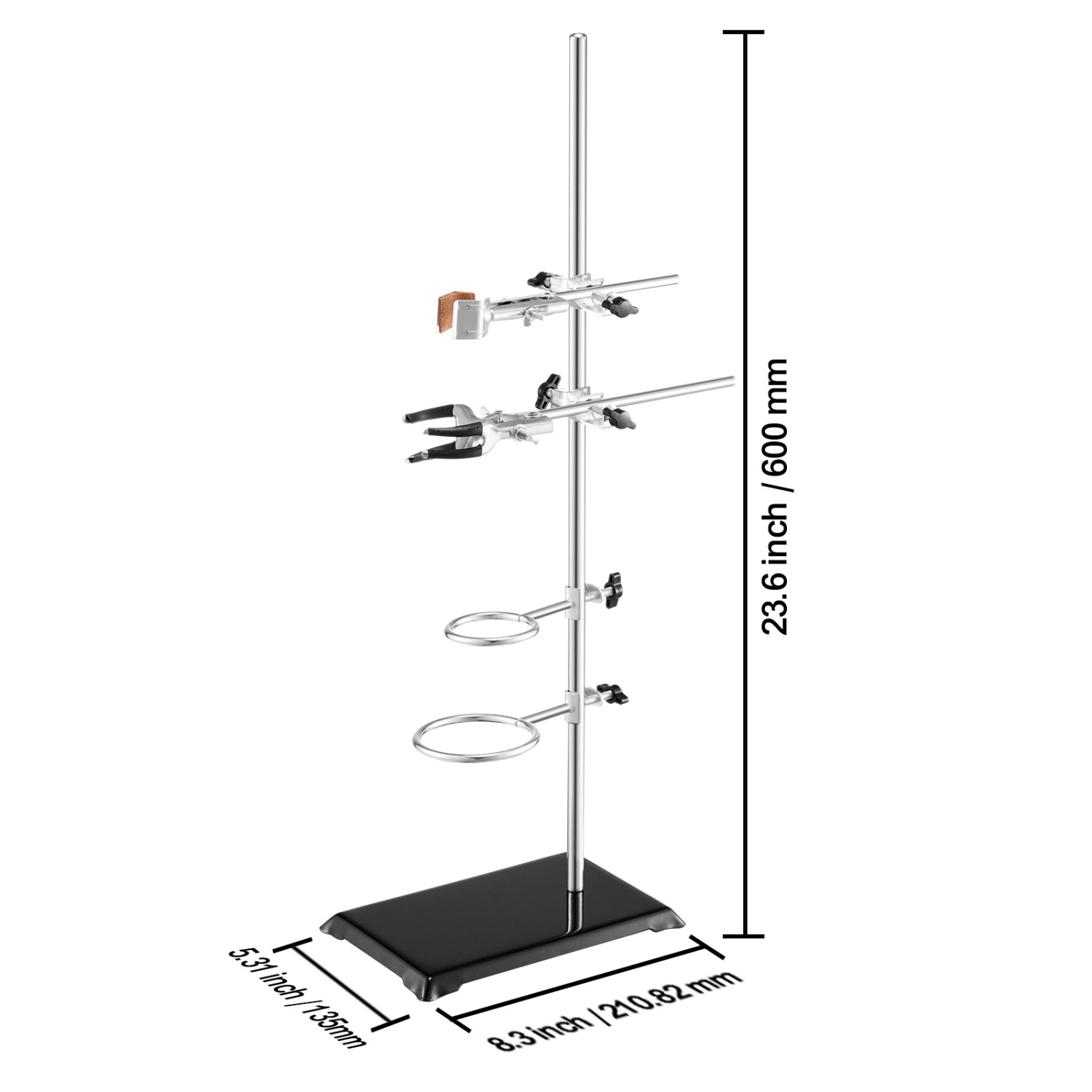 VEVOR 2 Sets Lab Stand Support, Laboratory Retort Support Stand , Steel Lab Stand 23.6" Rod and 8.3" x 5.3" Cast Iron Base, Includes Flask Clamps,