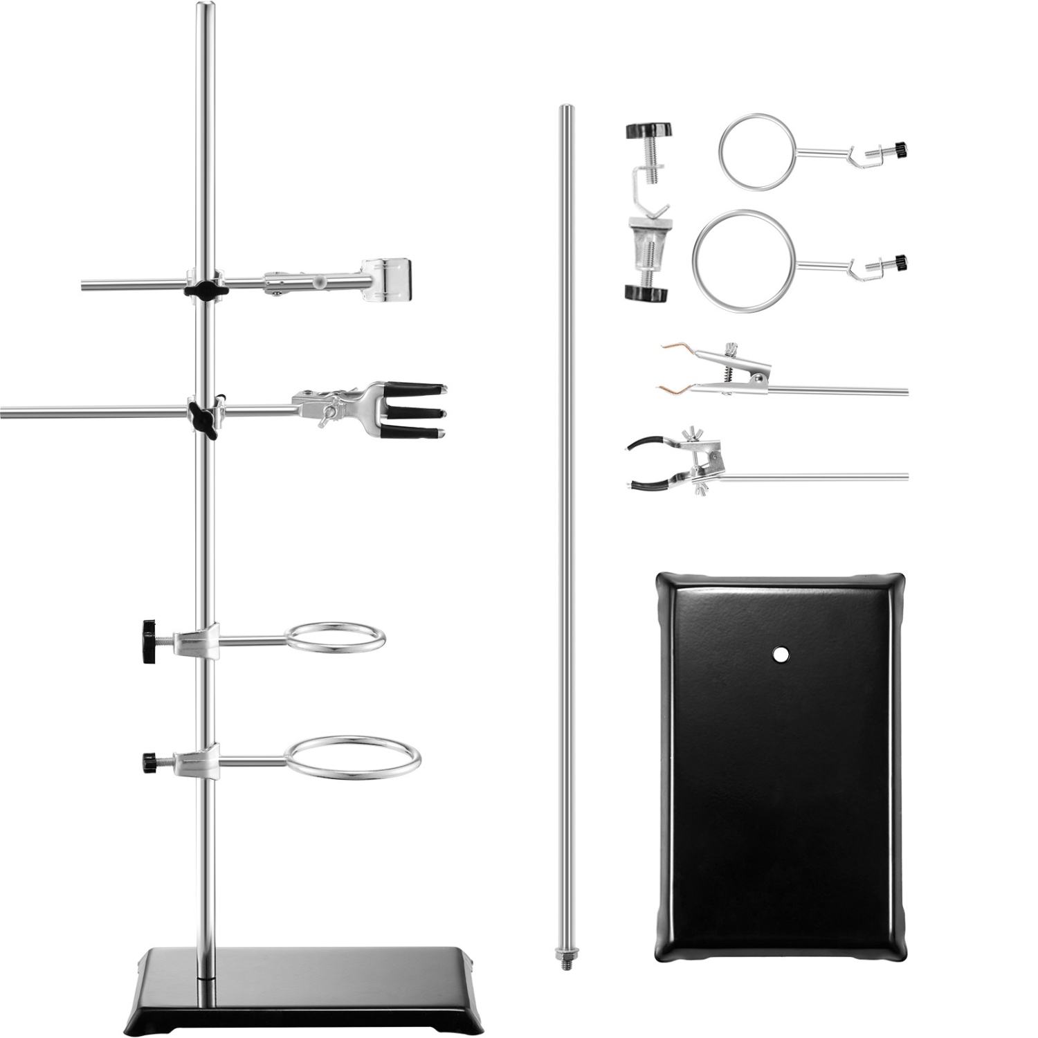 VEVOR 2 Sets Lab Stand Support, Laboratory Retort Support Stand , Steel Lab Stand 23.6" Rod and 8.3" x 5.3" Cast Iron Base, Includes Flask Clamps,