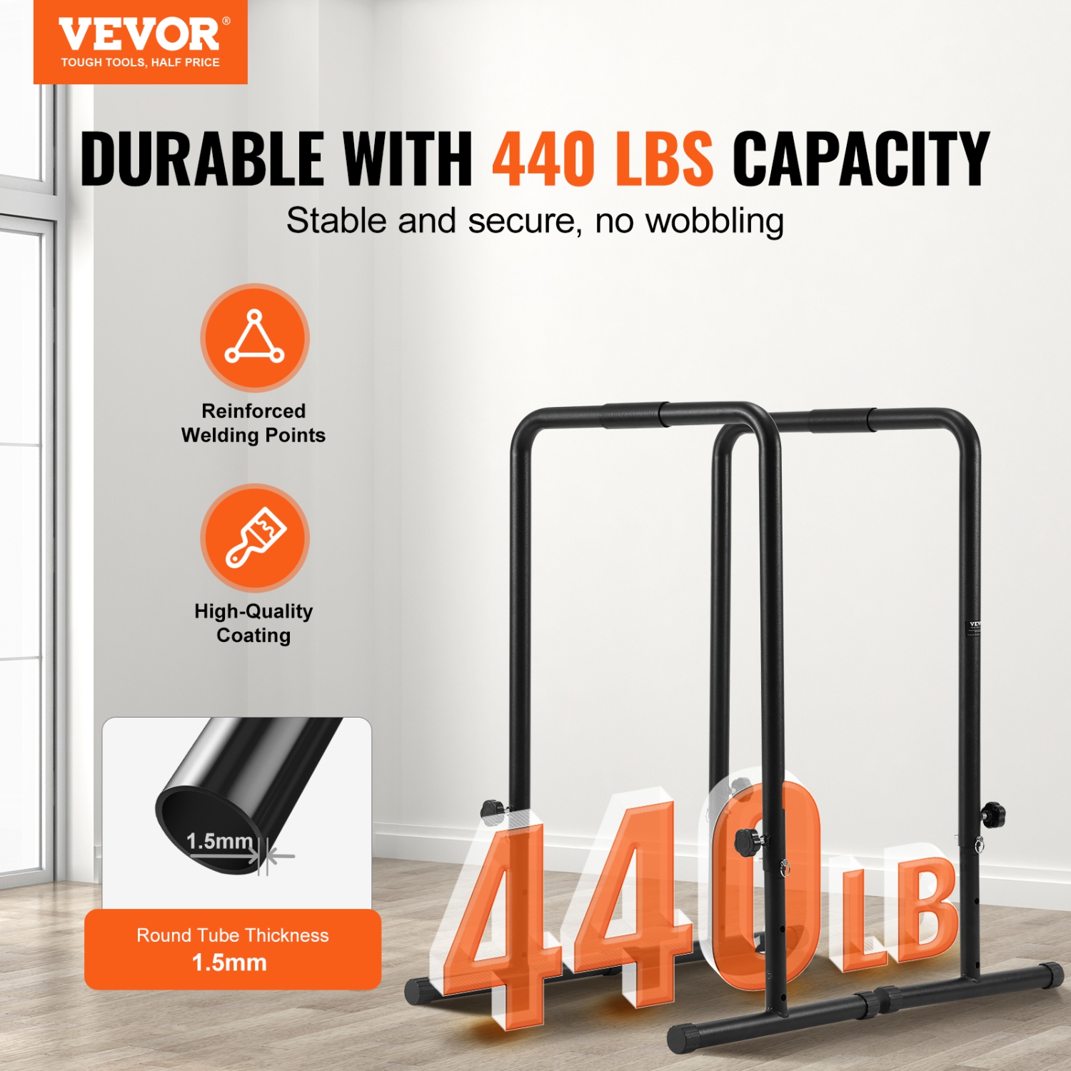 VEVOR 440 lbs Dip Bars, Heave Duty Dip Stand Station with Adjustable Height,Fitness Workout Dip Bar Station Stabilizer Parallette Push Up Stand,